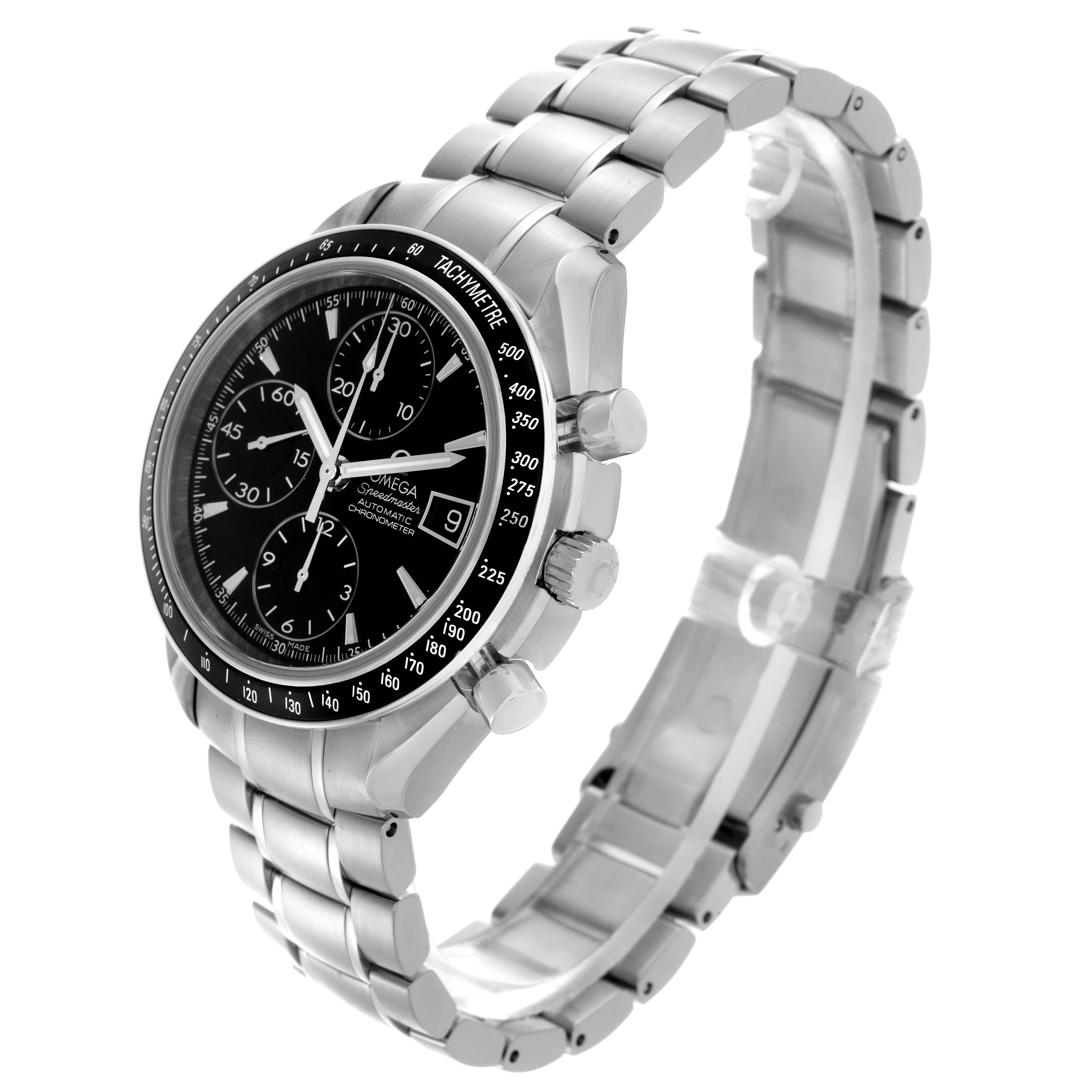 The Omega Speedmaster 3210.50.00 Men's Stainless Steel Black Dial 3210.50.00 Men's Stainless Steel Black Dial is shown at an oblique angle, highlighting the bezel, crown, chronograph pushers, and metal bracelet.