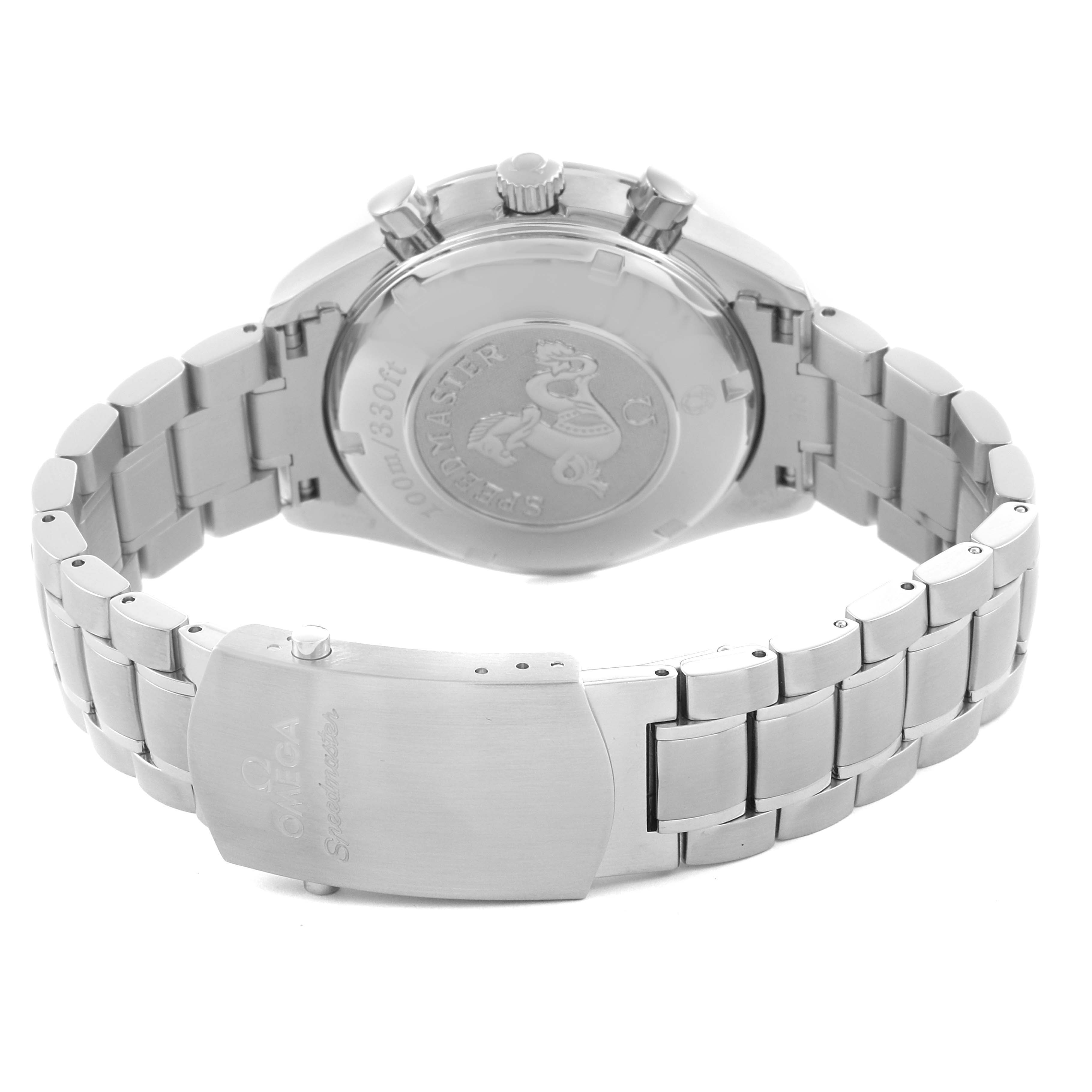 The Omega Speedmaster 3210.50.00 Men's Stainless Steel Black Dial 3210.50.00 Men's Stainless Steel Black Dial watch is shown from the back, highlighting the case back, pushers, and clasp on the metal bracelet.