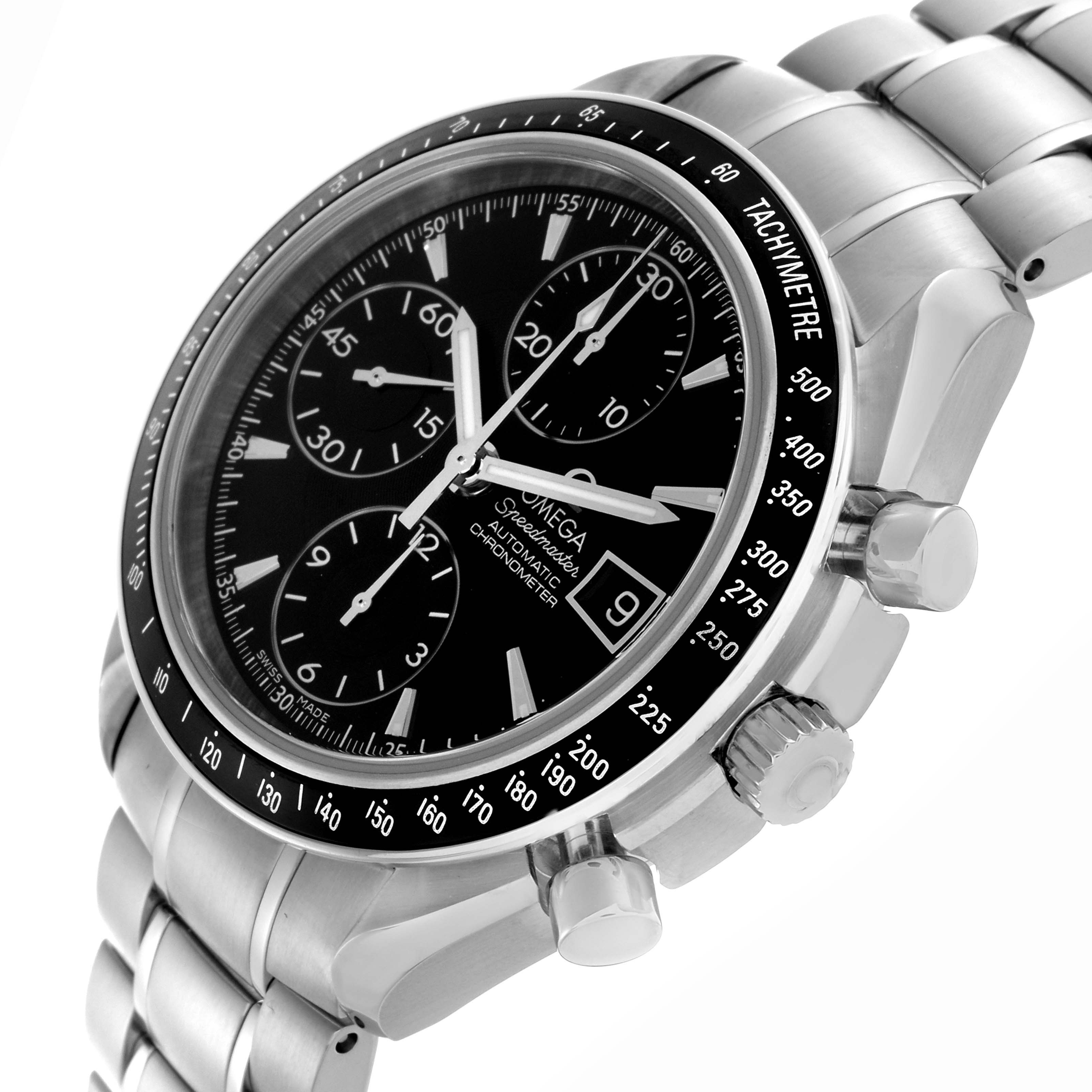 The Omega Speedmaster 3210.50.00 Men's Stainless Steel Black Dial 3210.50.00 Men's Stainless Steel Black Dial watch is shown at a slight angle displaying its face, bezel, crown, pushers, and stainless steel bracelet.