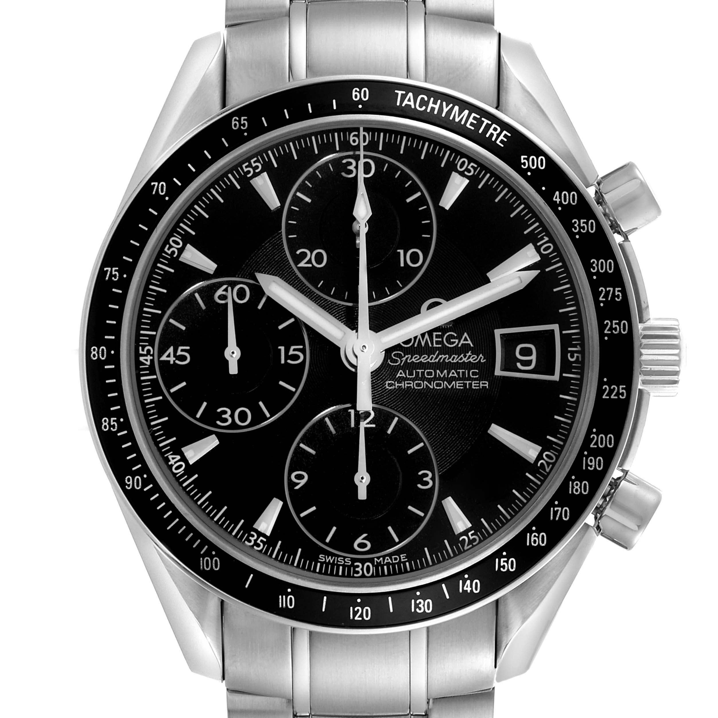 The Omega Speedmaster 3210.50.00 Men's Stainless Steel Black Dial 3210.50.00 Men's Stainless Steel Black Dial watch is shown from the front, displaying its face, bezel, and chronograph dials.