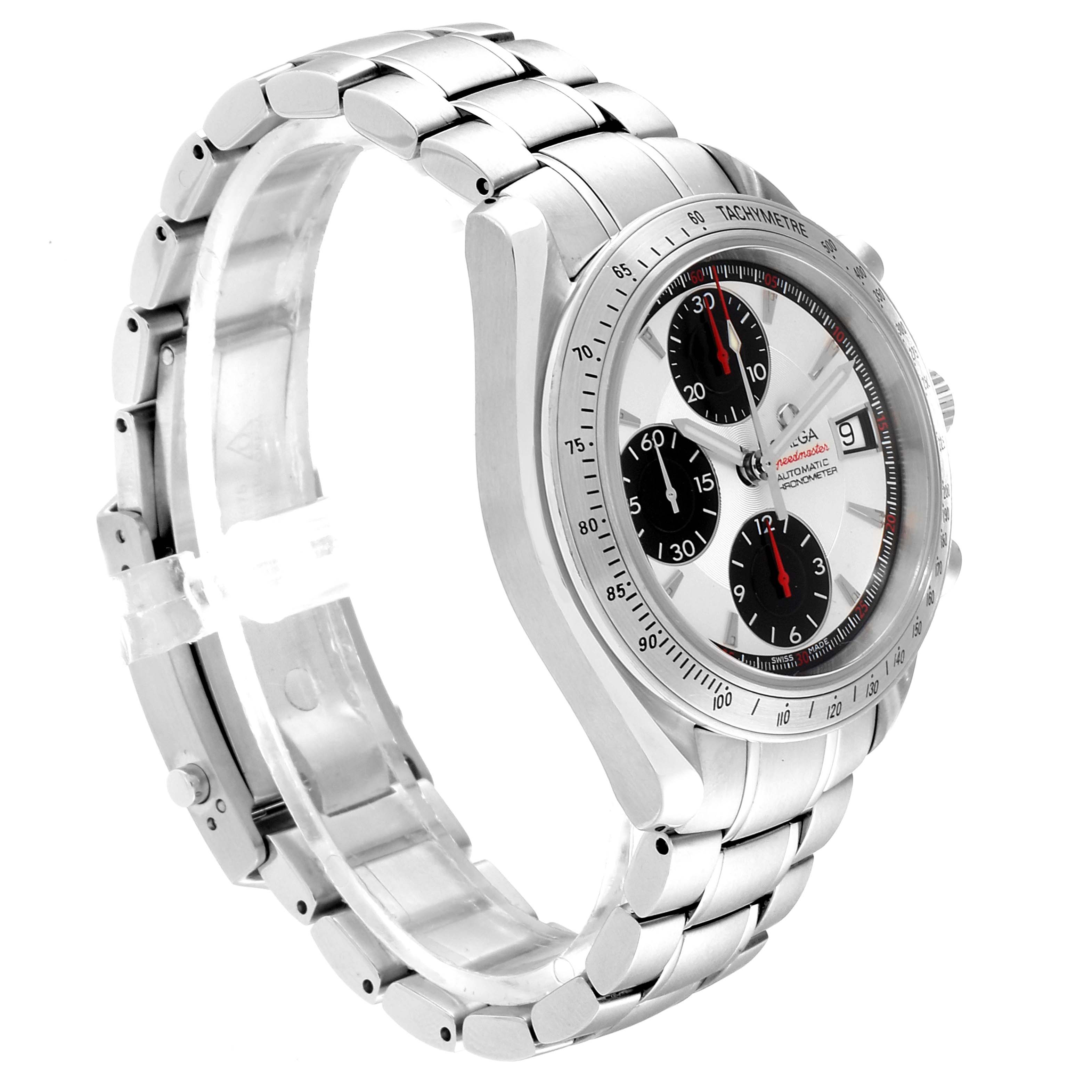 The image shows a side angle of the Omega Speedmaster 3211.31.00 Men's Stainless Steel Silver Dial 3211.31.00 Men's Stainless Steel Silver Dial, highlighting its face, bezel, and metal bracelet.