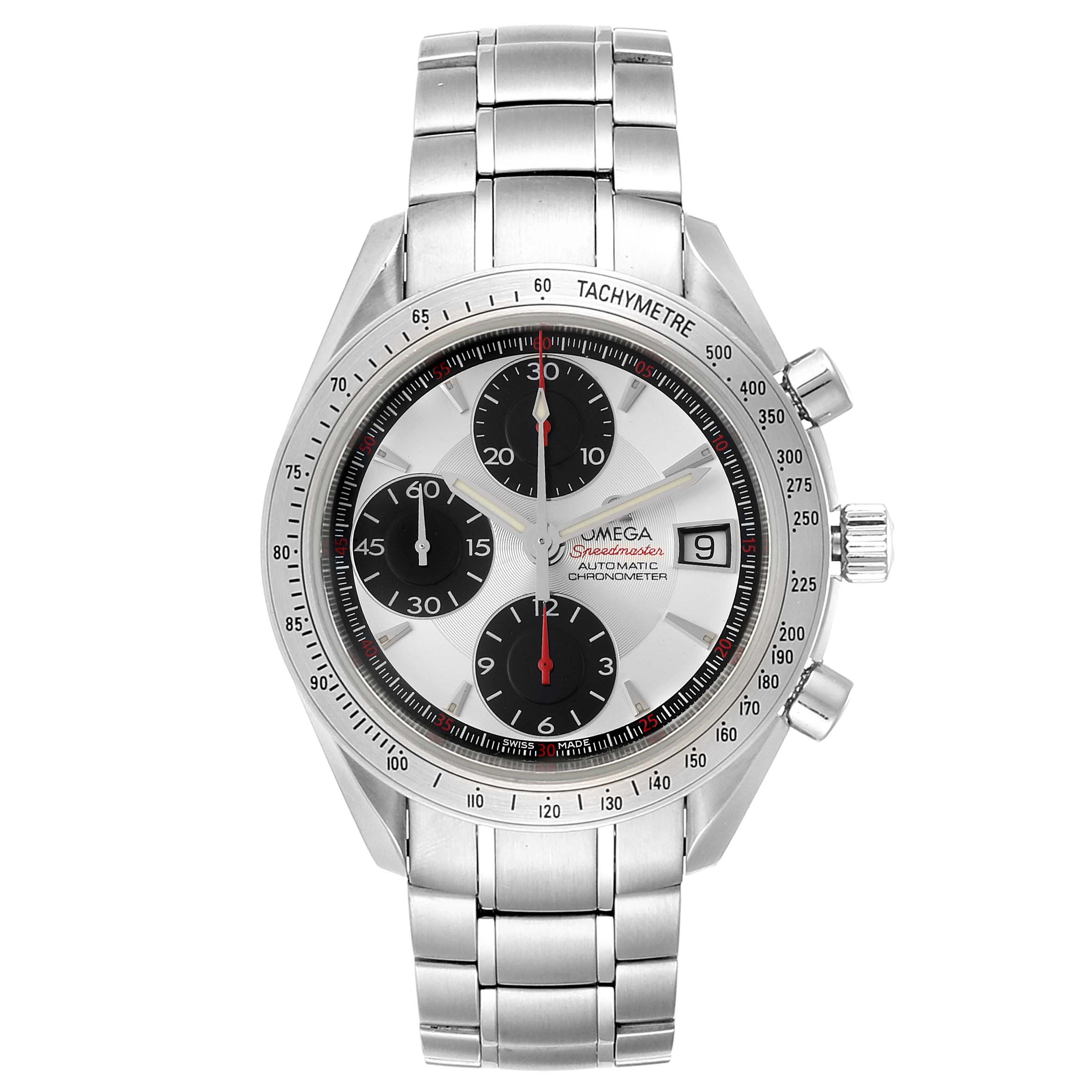 The Omega Speedmaster 3211.31.00 Men's Stainless Steel Silver Dial 3211.31.00 Men's Stainless Steel Silver Dial watch is shown from the front, displaying its dial, subdials, date window, and stainless steel bracelet.