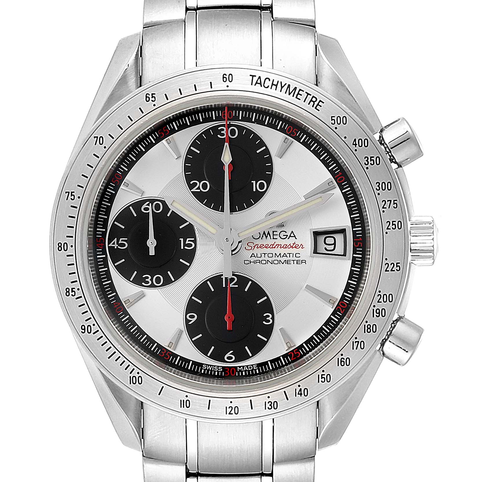 The image shows a frontal view of an Omega Speedmaster 3211.31.00 Men's Stainless Steel Silver Dial 3211.31.00 Men's Stainless Steel Silver Dial watch, displaying the dial, bezel, chronograph sub-dials, and metal bracelet.