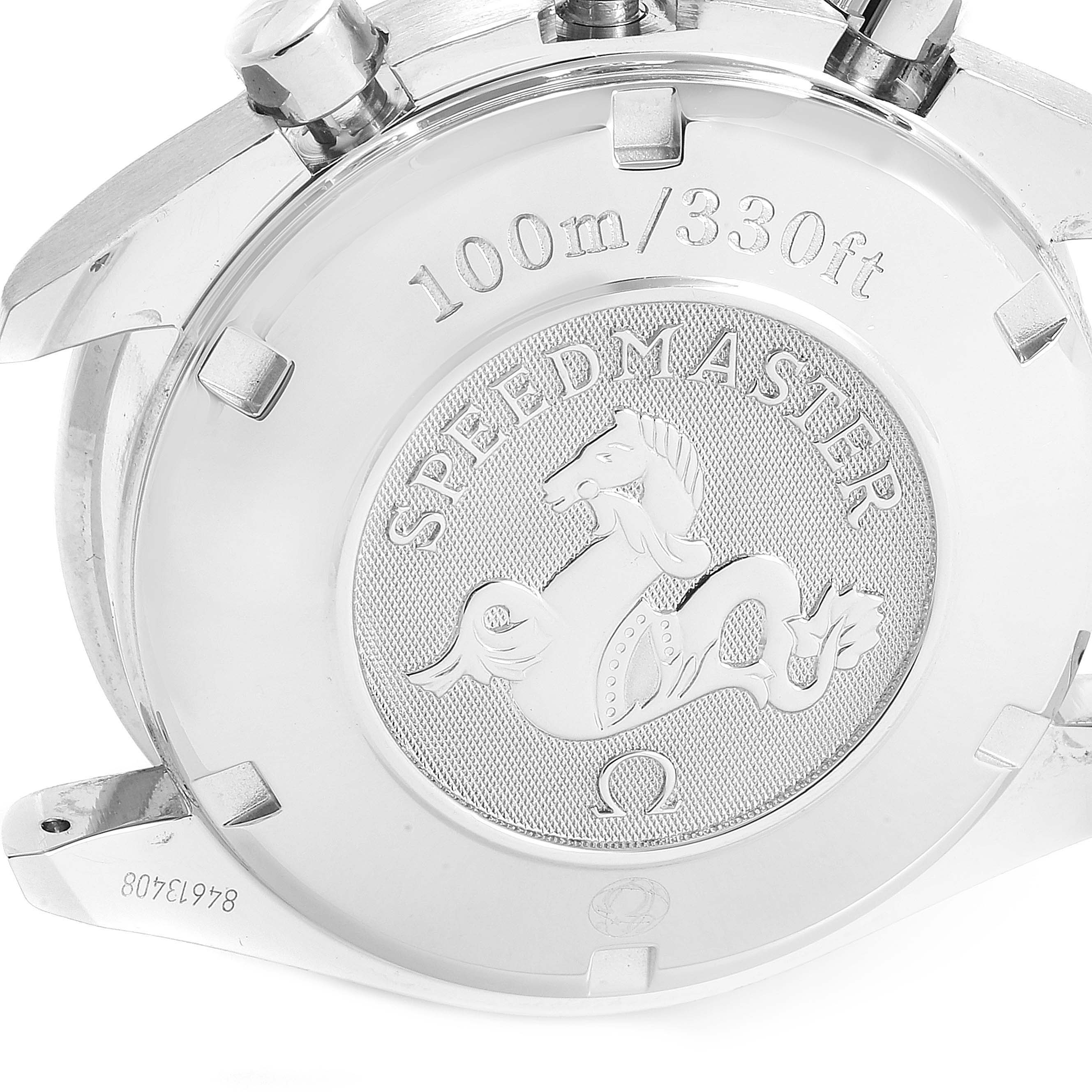 The image shows the case back of the Omega Speedmaster 3211.31.00 Men's Stainless Steel Silver Dial 3211.31.00 Men's Stainless Steel Silver Dial watch, featuring an engraving of a seahorse and water resistance information.
