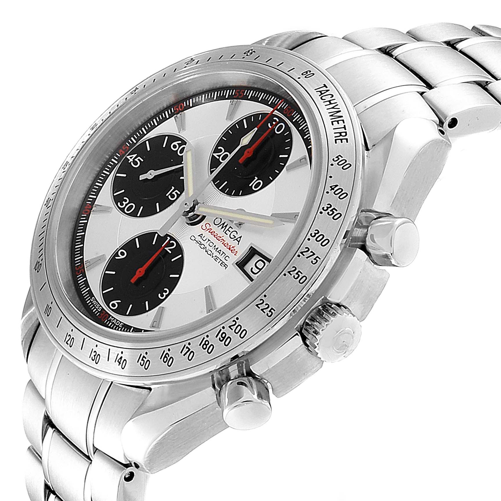 The image shows an angled side view of the Omega Speedmaster 3211.31.00 Men's Stainless Steel Silver Dial 3211.31.00 Men's Stainless Steel Silver Dial watch, highlighting the bezel, subdials, crown, and bracelet.