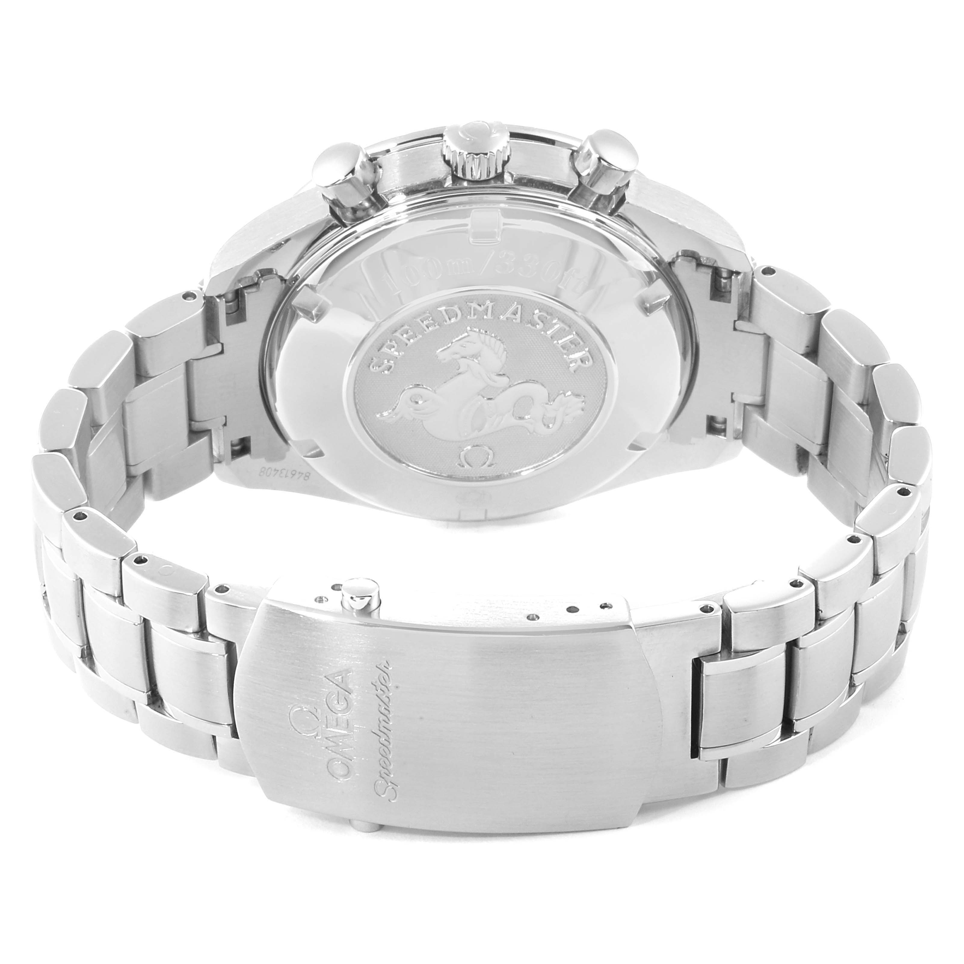The image shows the back case and bracelet clasp of an Omega Speedmaster 3211.31.00 Men's Stainless Steel Silver Dial 3211.31.00 Men's Stainless Steel Silver Dial watch.