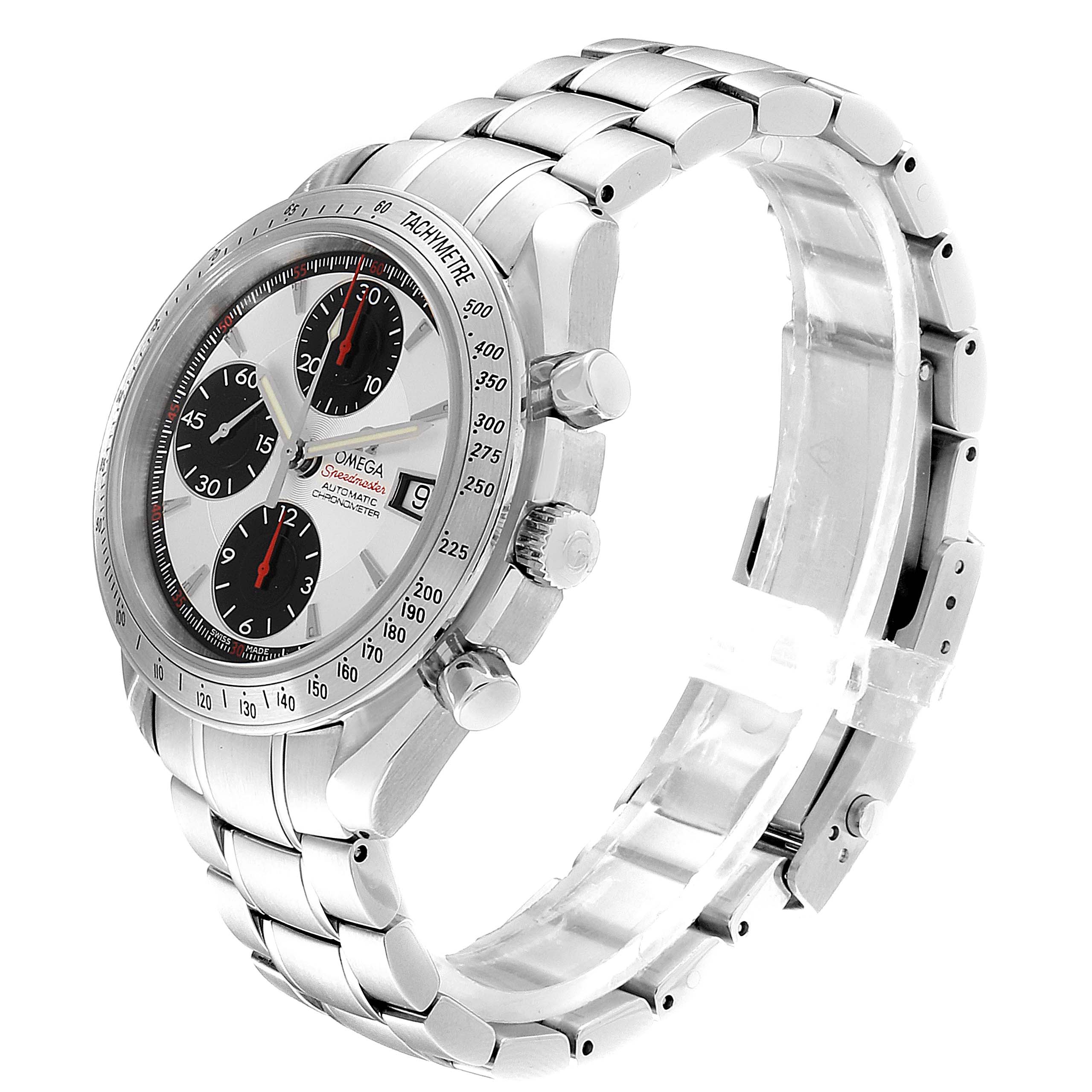 The image shows an angled view of an Omega Speedmaster 3211.31.00 Men's Stainless Steel Silver Dial 3211.31.00 Men's Stainless Steel Silver Dial watch, highlighting its face, tachymeter bezel, and metal bracelet.