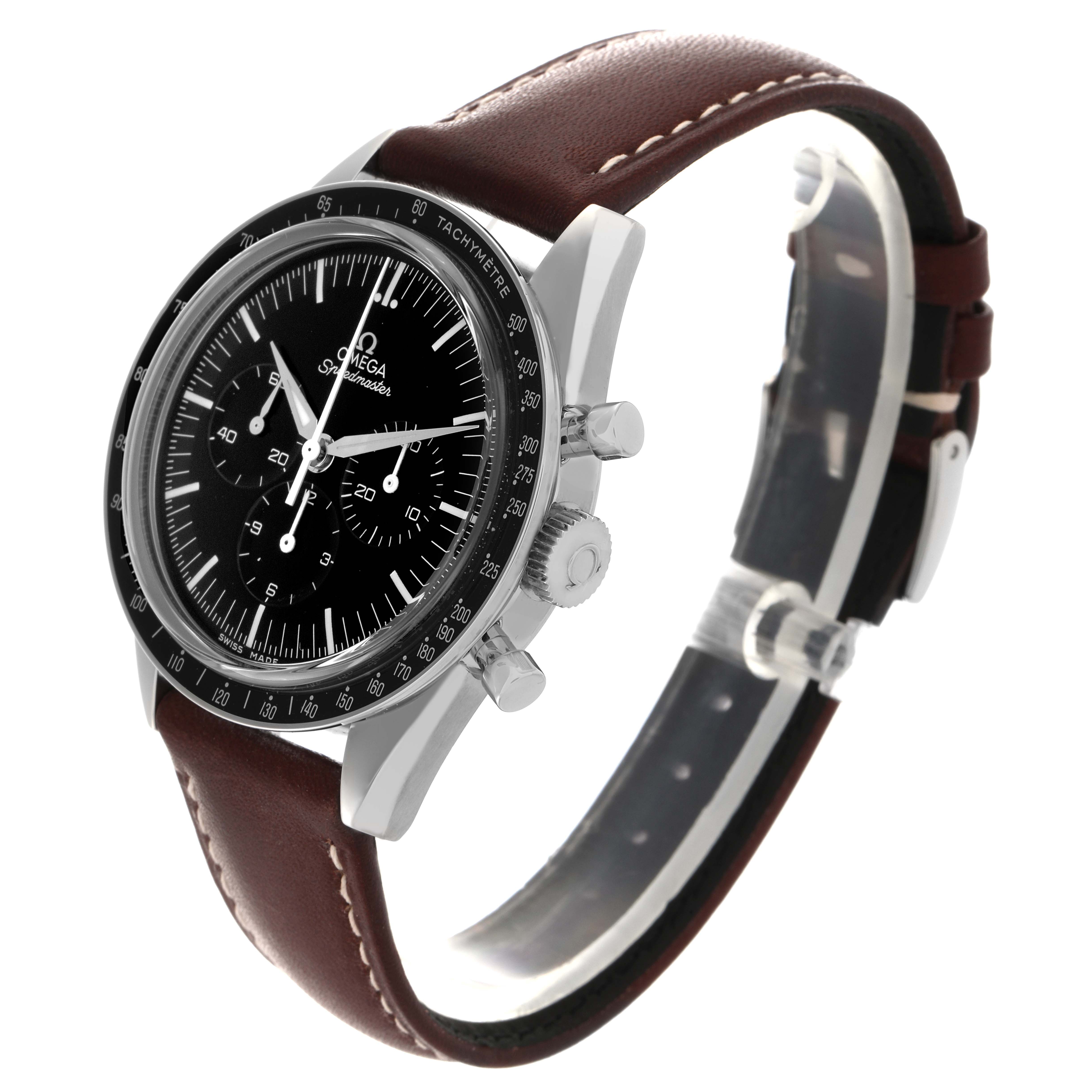 The Omega Speedmaster 311.32.40.30.01.001 Men's Stainless Steel Black Dial 311.32.40.30.01.001 Men's Stainless Steel Black Dial watch is shown at a side angle, highlighting the dial, case, crown, pushers, and brown strap.