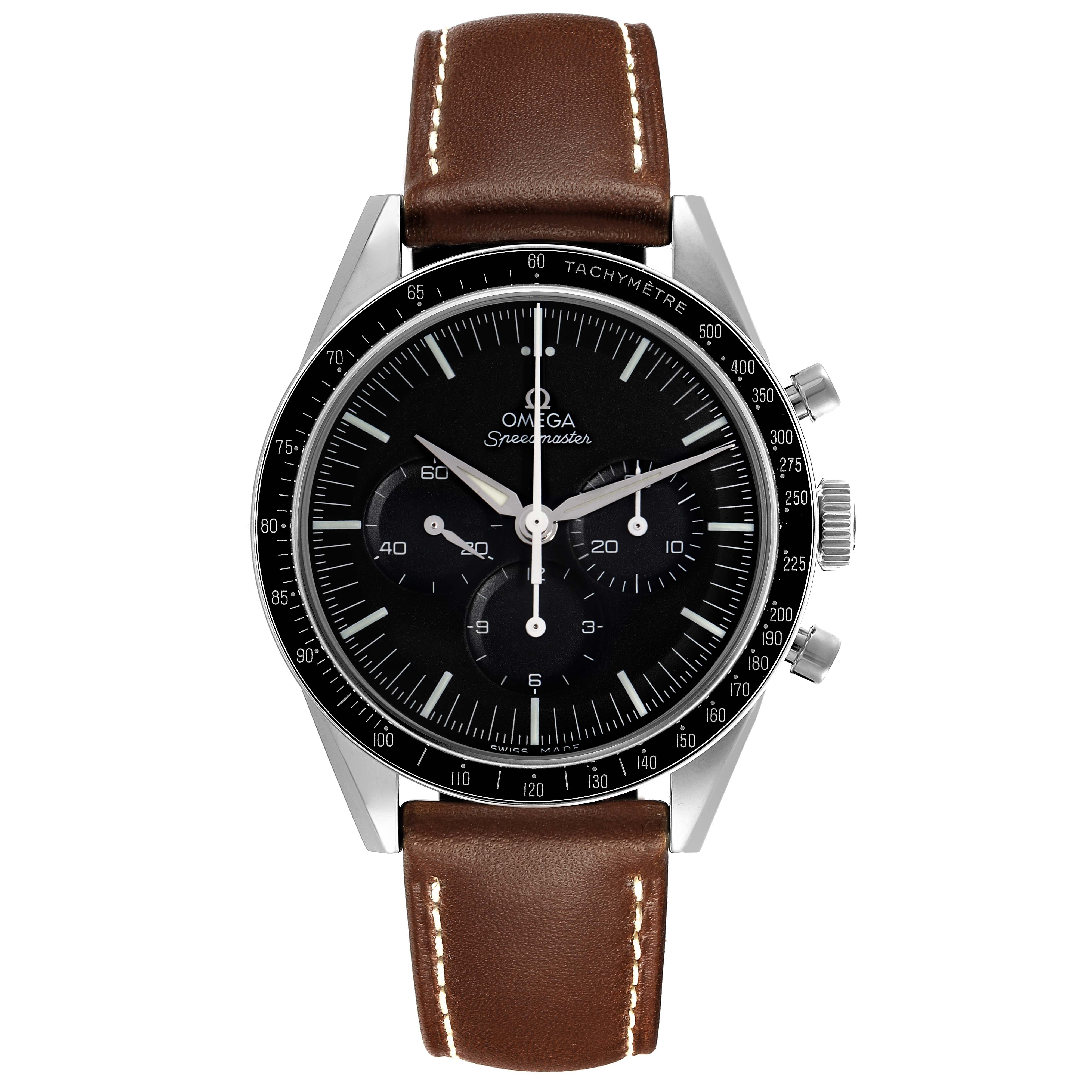 The Omega Speedmaster 311.32.40.30.01.001 Men's Stainless Steel Black Dial 311.32.40.30.01.001 Men's Stainless Steel Black Dial watch is shown from the front, displaying the face, bezel, and brown leather strap.