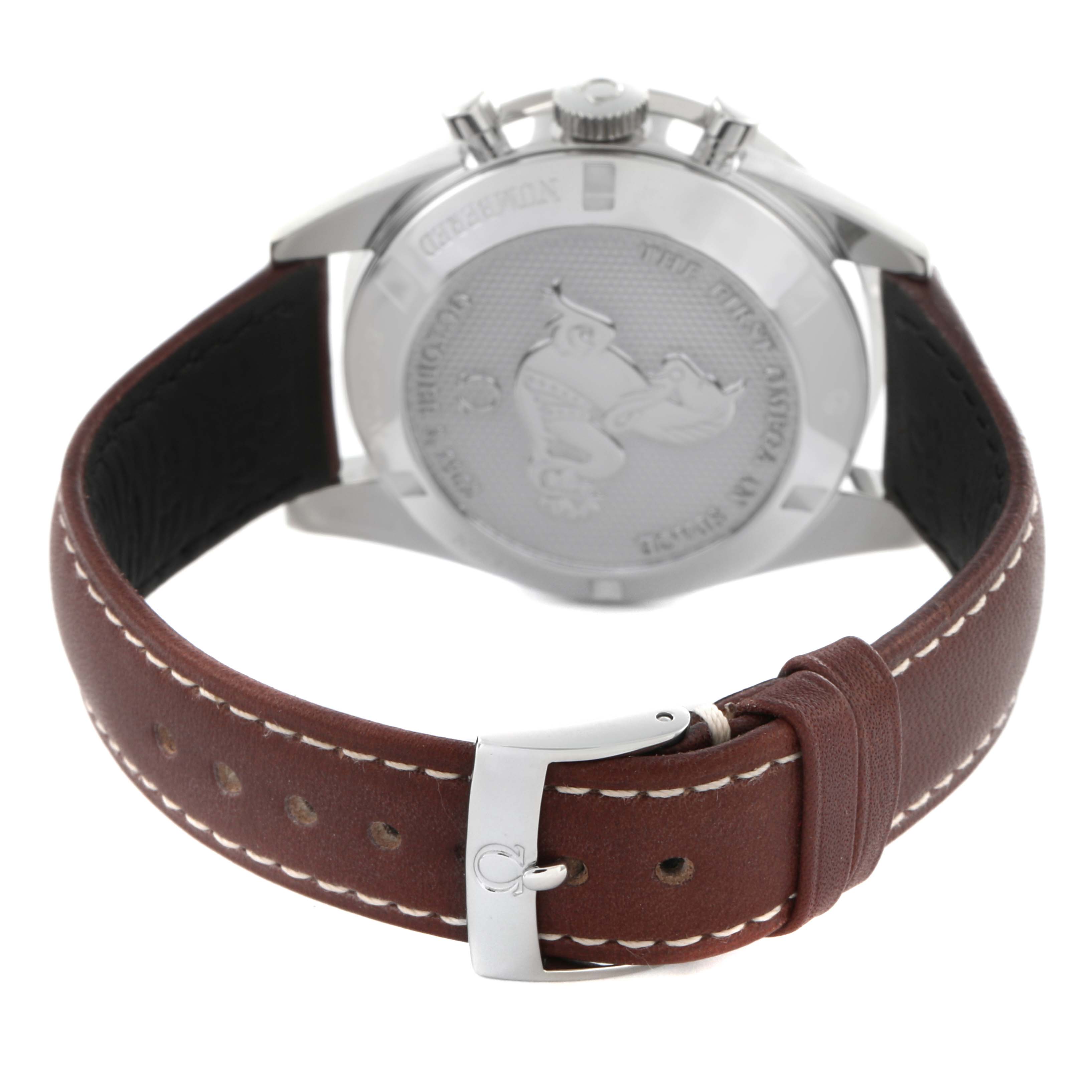 The image shows the back of an Omega Speedmaster 311.32.40.30.01.001 Men's Stainless Steel Black Dial 311.32.40.30.01.001 Men's Stainless Steel Black Dial watch, highlighting the case back and brown leather strap with a buckle.