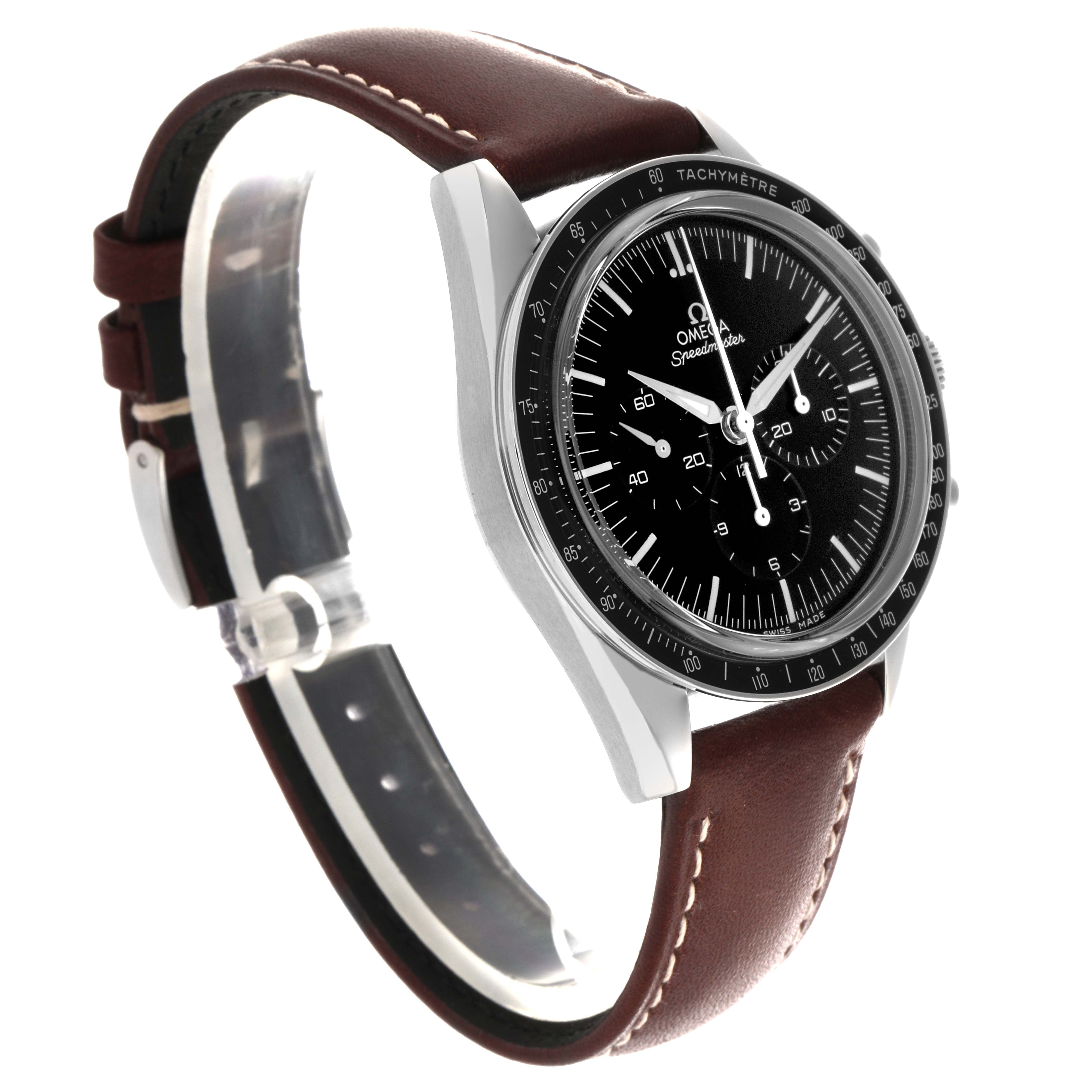 The Omega Speedmaster 311.32.40.30.01.001 Men's Stainless Steel Black Dial 311.32.40.30.01.001 Men's Stainless Steel Black Dial watch is shown at a slight side angle, highlighting the face, bezel, and brown leather strap.