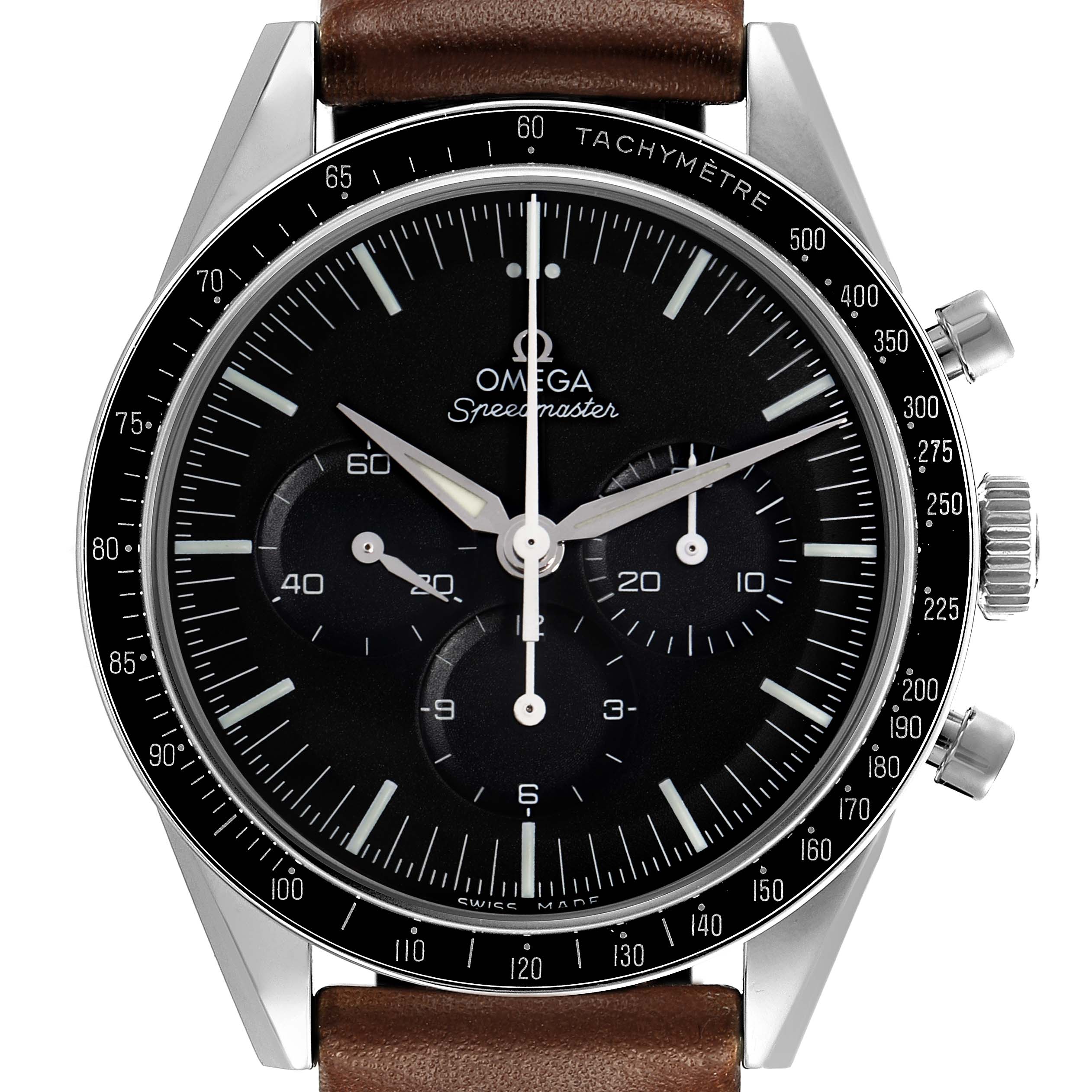 The Omega Speedmaster 311.32.40.30.01.001 Men's Stainless Steel Black Dial 311.32.40.30.01.001 Men's Stainless Steel Black Dial watch is shown from a front angle, displaying its face, tachymeter bezel, and brown leather strap.
