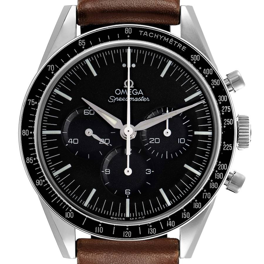 The Omega Speedmaster watch is shown from a front angle, displaying its face, tachymeter bezel, and brown leather strap.