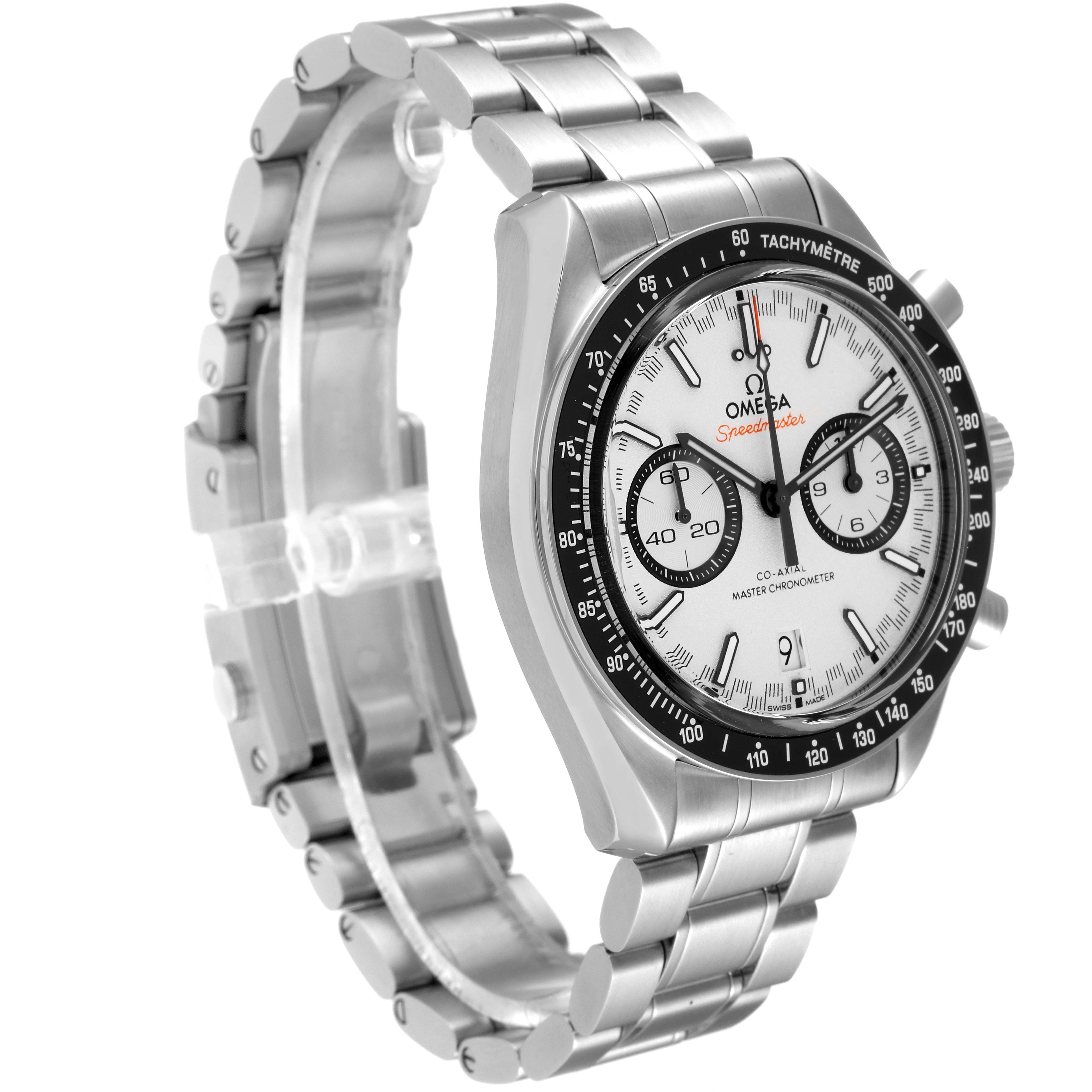 The Omega Speedmaster 329.30.44.51.04.001 Men
s Stainless Steel White Dial 329.30.44.51.04.001 Men
s Stainless Steel White Dial watch is shown at an angle that highlights its face and stainless steel bracelet.