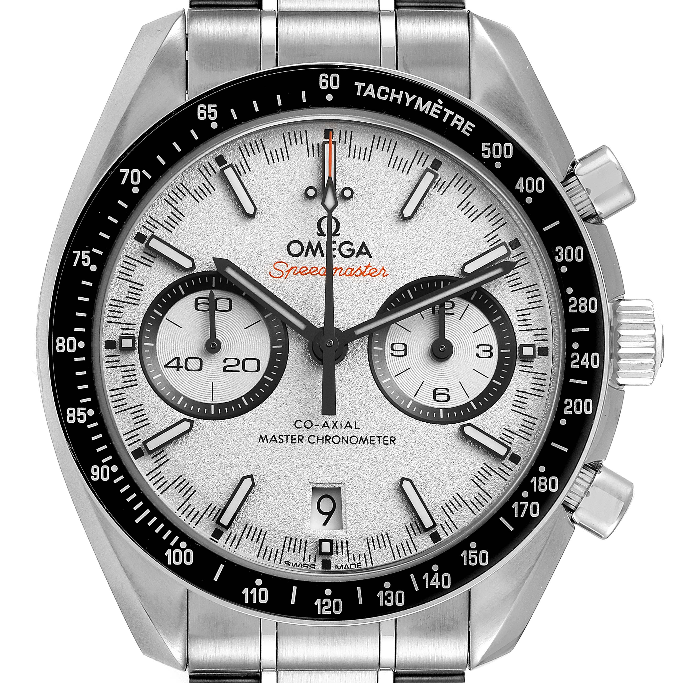 The image shows a front view of an Omega Speedmaster 329.30.44.51.04.001 Men
s Stainless Steel White Dial 329.30.44.51.04.001 Men
s Stainless Steel White Dial watch, highlighting its dial, subdials, and tachymeter bezel.