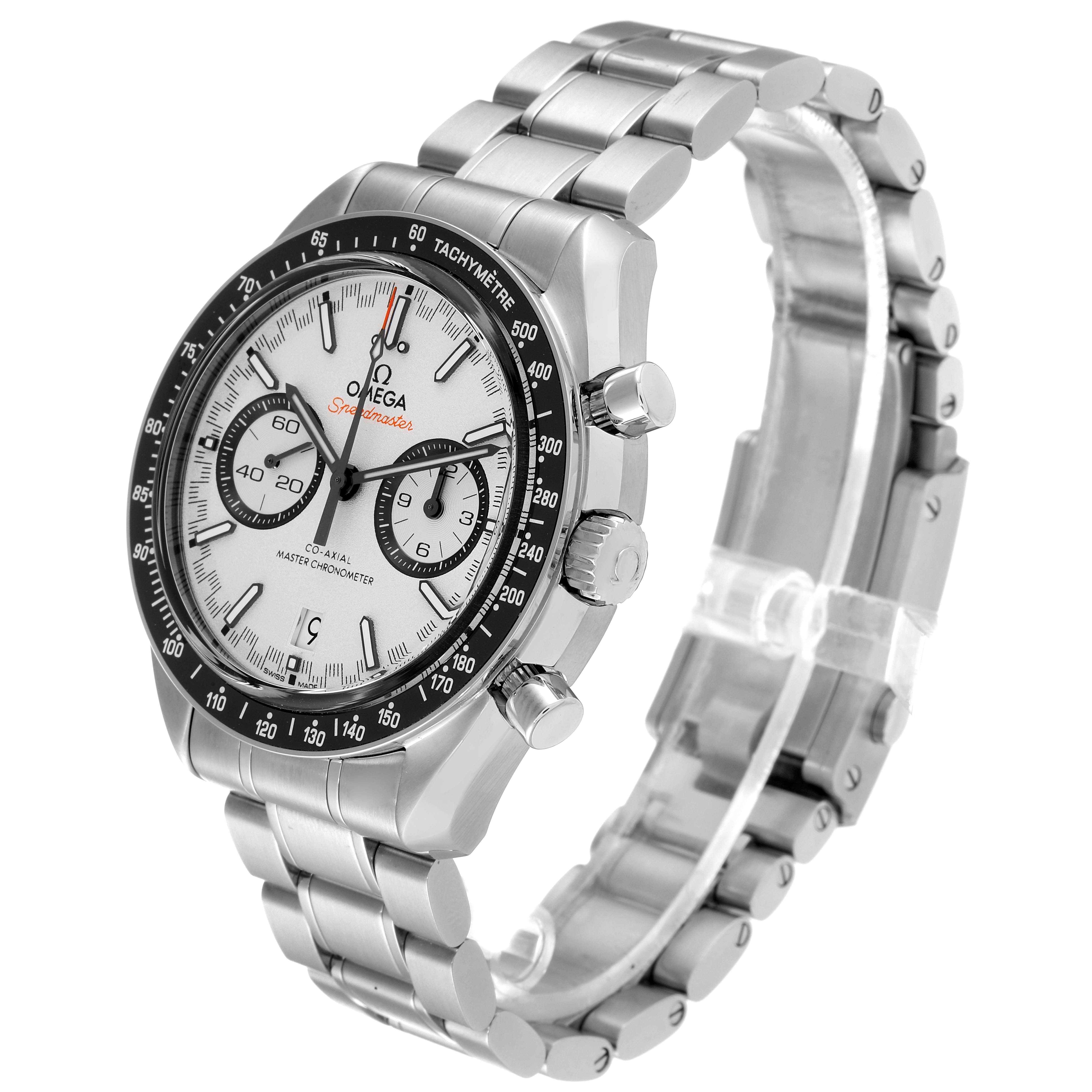 The image shows an Omega Speedmaster 329.30.44.51.04.001 Men
s Stainless Steel White Dial 329.30.44.51.04.001 Men
s Stainless Steel White Dial watch at a three-quarter angle, displaying the face, bezel, crown, pushers, and bracelet.