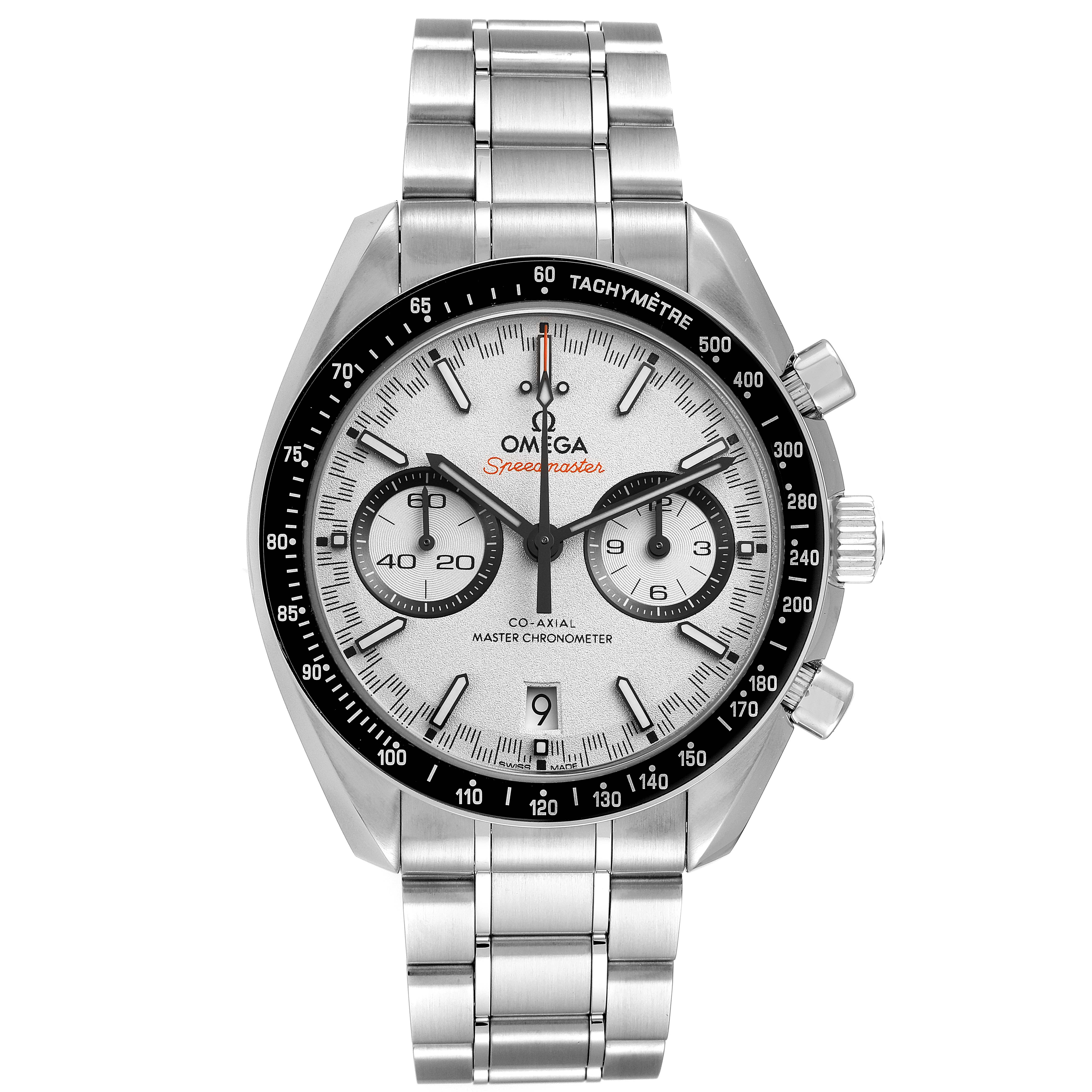 The image shows a front view of an Omega Speedmaster 329.30.44.51.04.001 Men
s Stainless Steel White Dial 329.30.44.51.04.001 Men
s Stainless Steel White Dial watch, displaying its face, bezel, and bracelet.