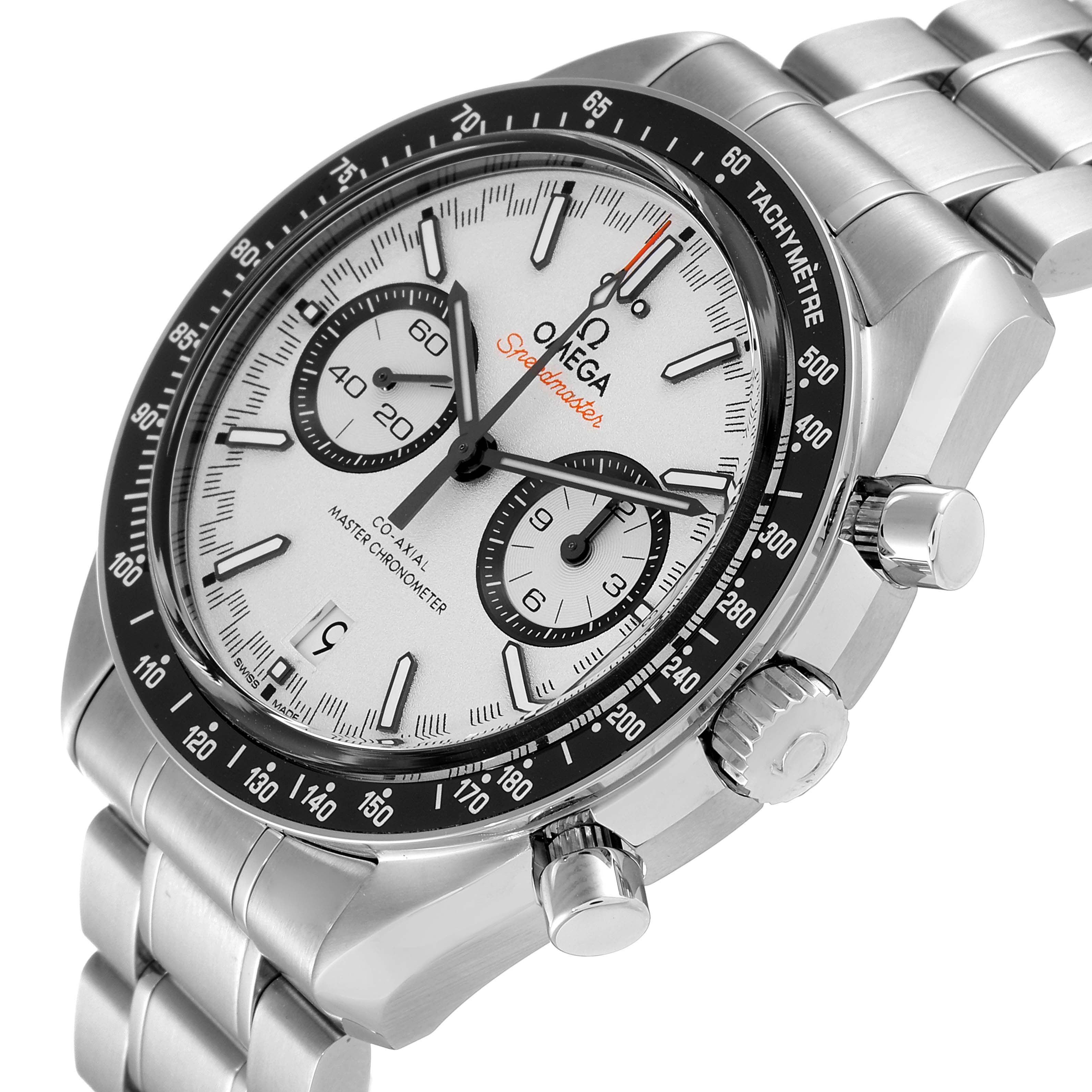 The image shows an angled view of the Omega Speedmaster 329.30.44.51.04.001 Men
s Stainless Steel White Dial 329.30.44.51.04.001 Men
s Stainless Steel White Dial watch displaying its face, bezel, and part of the stainless steel bracelet.