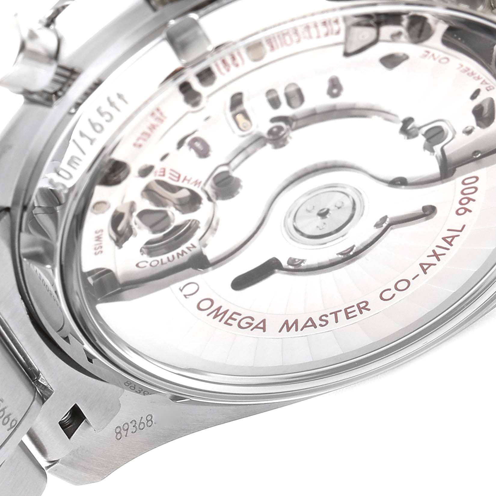 The image shows the back and internal mechanism of an Omega Speedmaster 329.30.44.51.04.001 Men
s Stainless Steel White Dial 329.30.44.51.04.001 Men
s Stainless Steel White Dial, highlighting the co-axial 9900 movement.