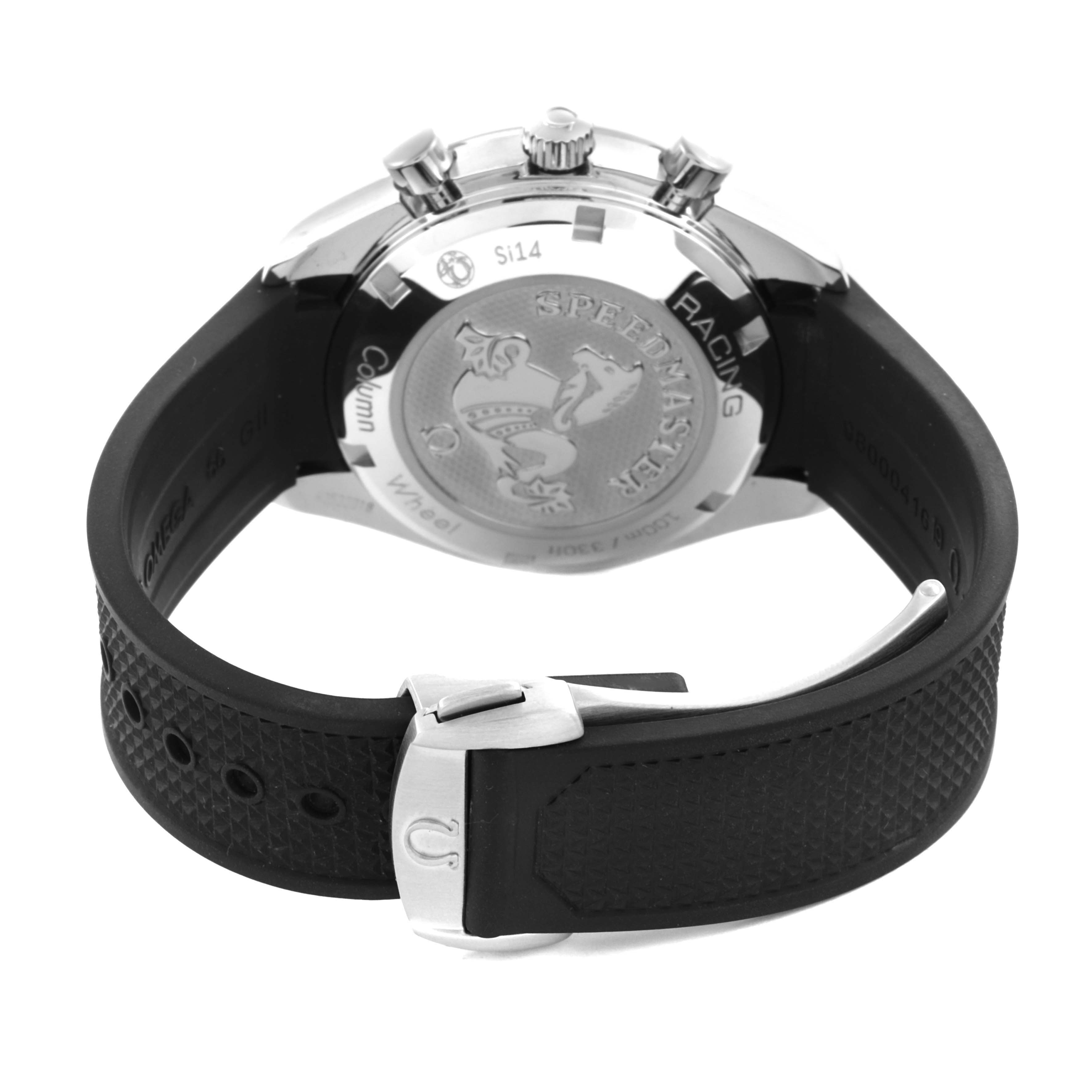 The Omega Speedmaster 326.32.40.50.01.001 Men's Stainless Steel Black Dial 326.32.40.50.01.001 Men's Stainless Steel Black Dial watch is shown from the back, highlighting the case back, pushers, crown, and black strap with a clasp.