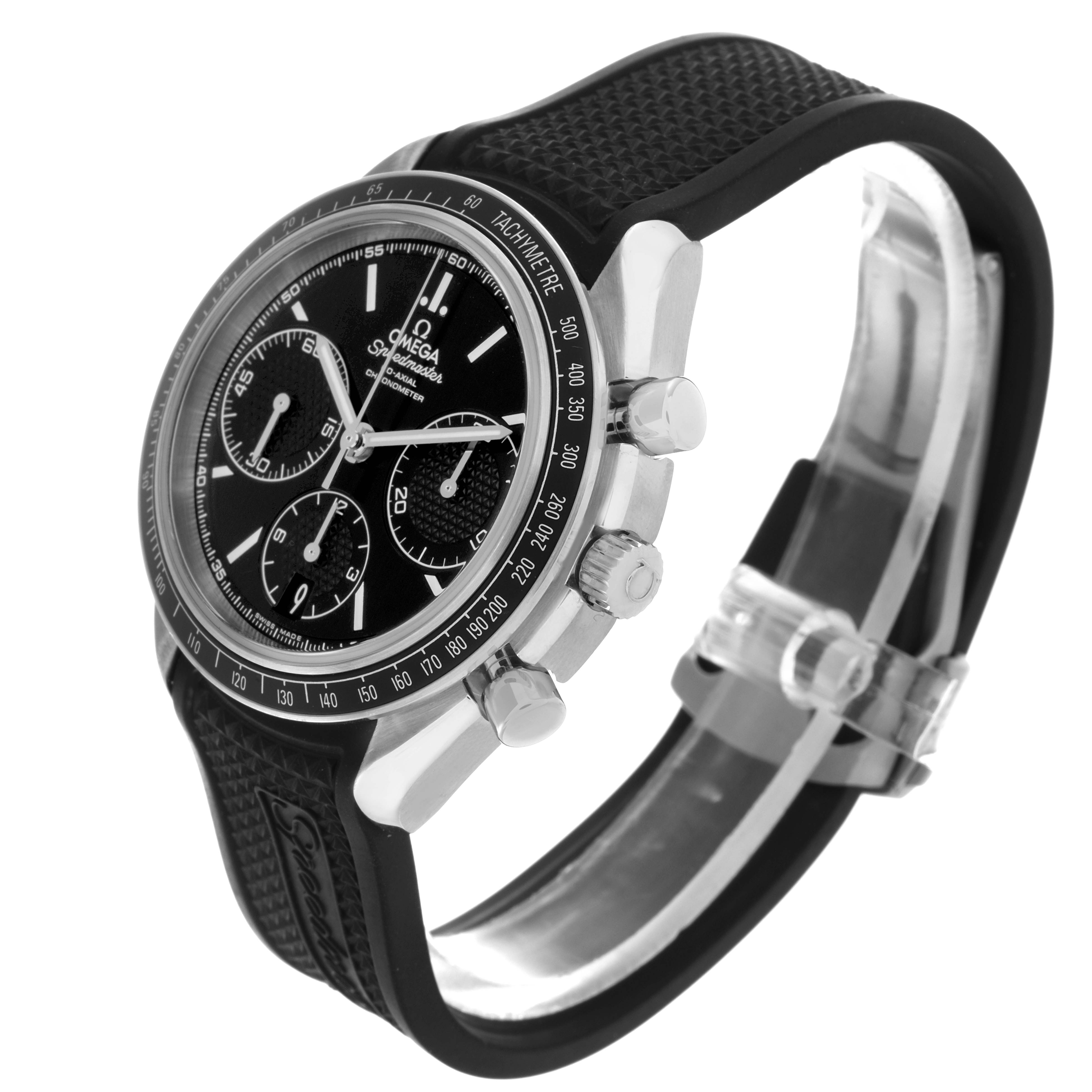 The Omega Speedmaster 326.32.40.50.01.001 Men's Stainless Steel Black Dial 326.32.40.50.01.001 Men's Stainless Steel Black Dial watch is shown at a three-quarter angle, highlighting the dial, bezel, pushers, crown, and rubber strap.