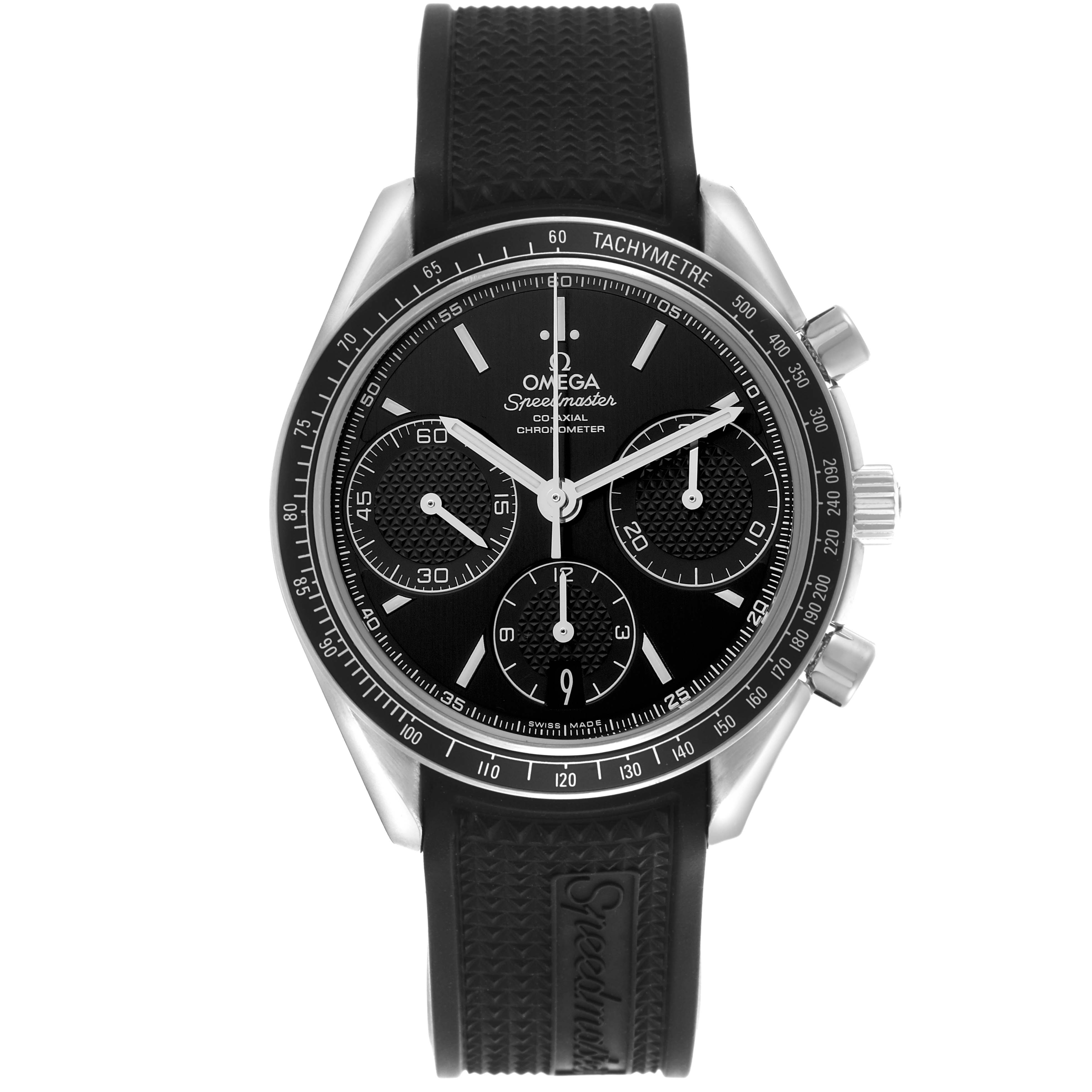 The Omega Speedmaster 326.32.40.50.01.001 Men's Stainless Steel Black Dial 326.32.40.50.01.001 Men's Stainless Steel Black Dial watch is shown from a front angle, displaying its dial, bezel, and strap clearly.