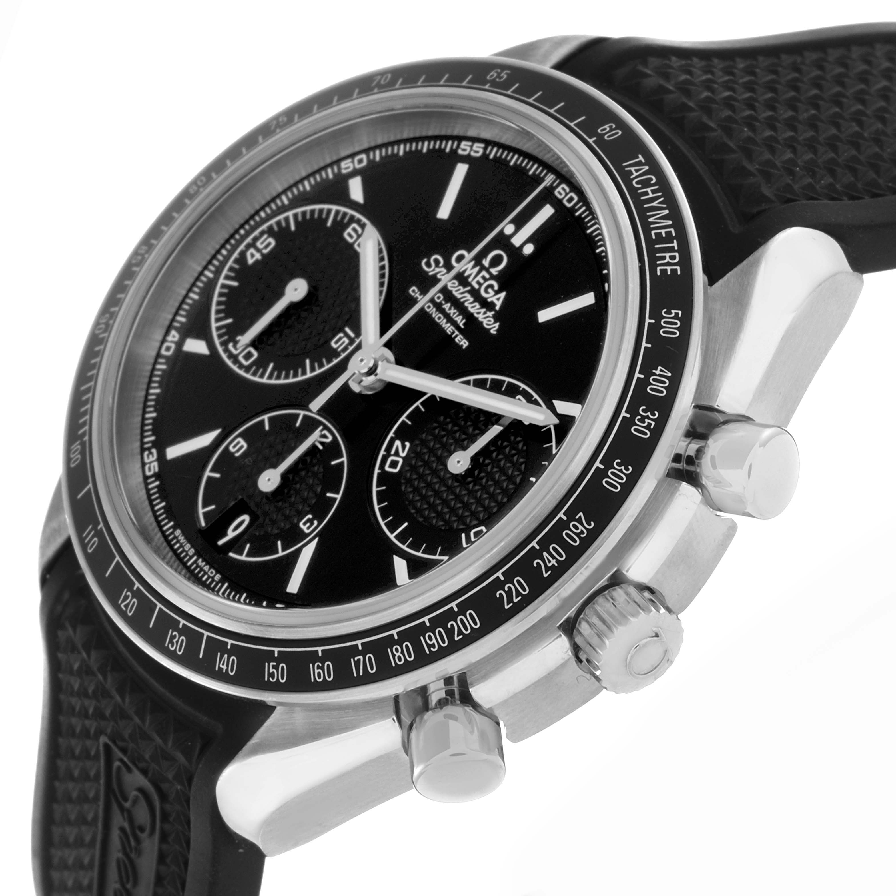 The Omega Speedmaster 326.32.40.50.01.001 Men's Stainless Steel Black Dial 326.32.40.50.01.001 Men's Stainless Steel Black Dial watch is shown at a three-quarter angle, highlighting the bezel, dial, subdials, and crown.