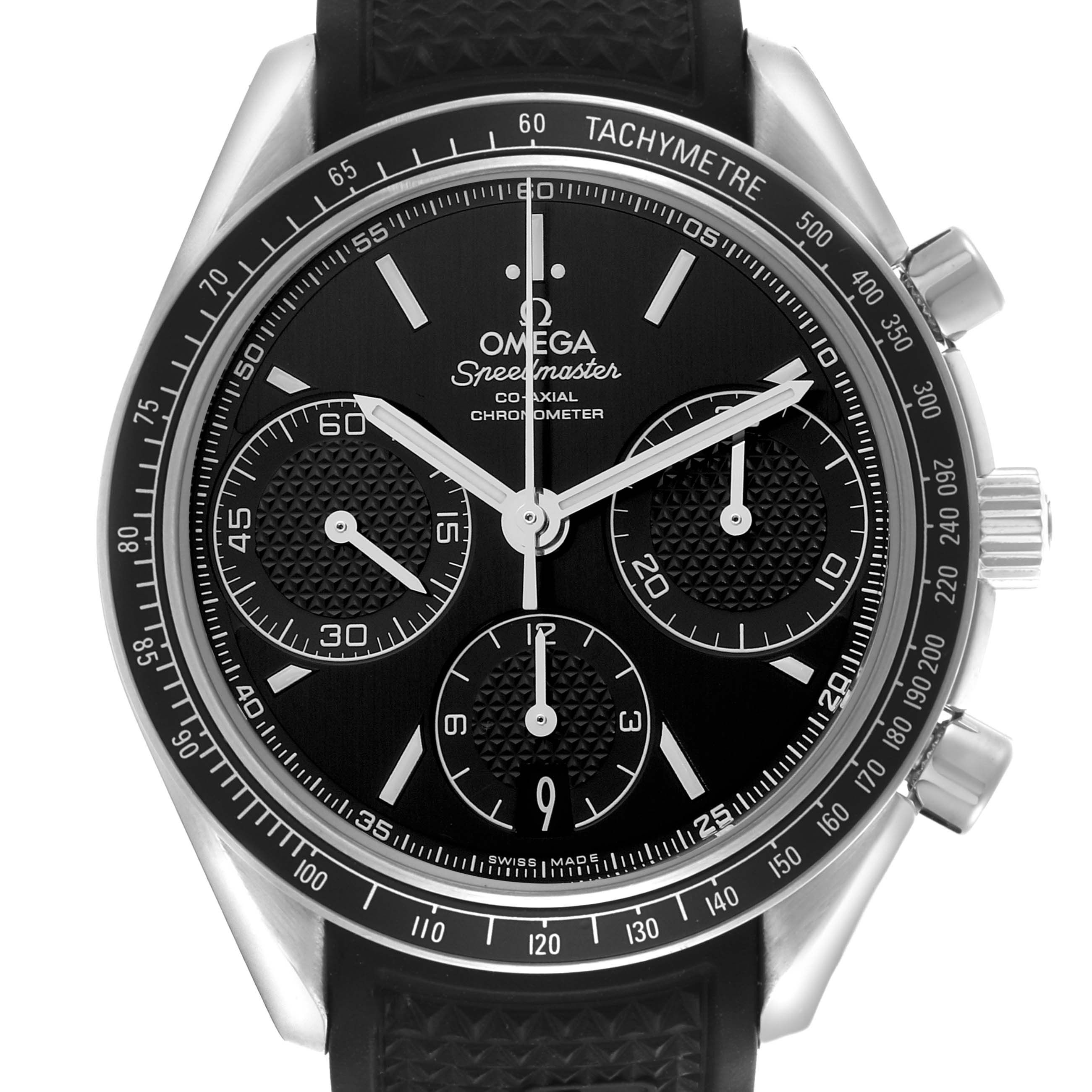 The Omega Speedmaster 326.32.40.50.01.001 Men's Stainless Steel Black Dial 326.32.40.50.01.001 Men's Stainless Steel Black Dial watch is shown from a front angle, highlighting its dial, subdials, and bezel with tachymetric scale.