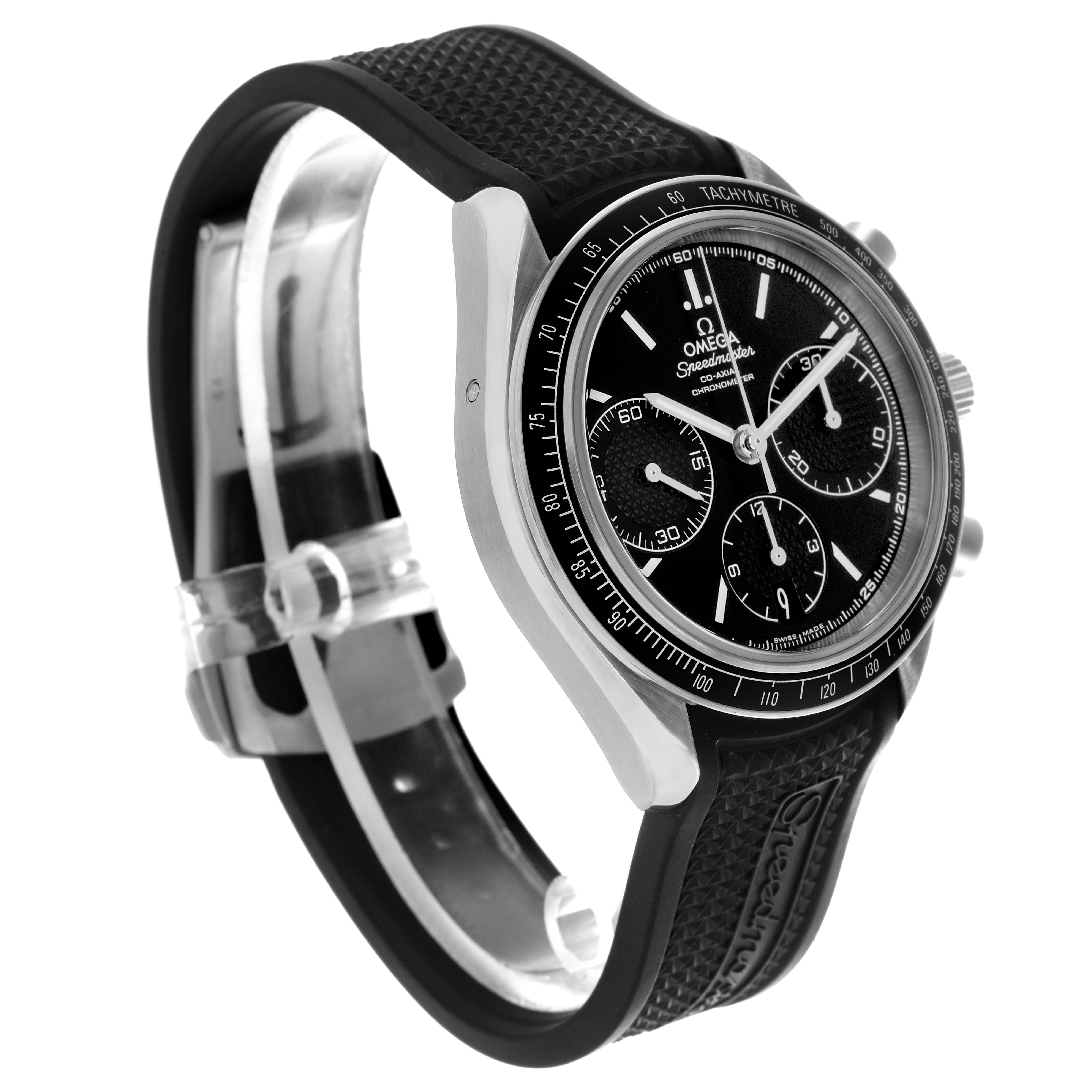 The Omega Speedmaster 326.32.40.50.01.001 Men's Stainless Steel Black Dial 326.32.40.50.01.001 Men's Stainless Steel Black Dial watch is shown at a side angle, highlighting the black dial, tachymeter bezel, and textured rubber strap.