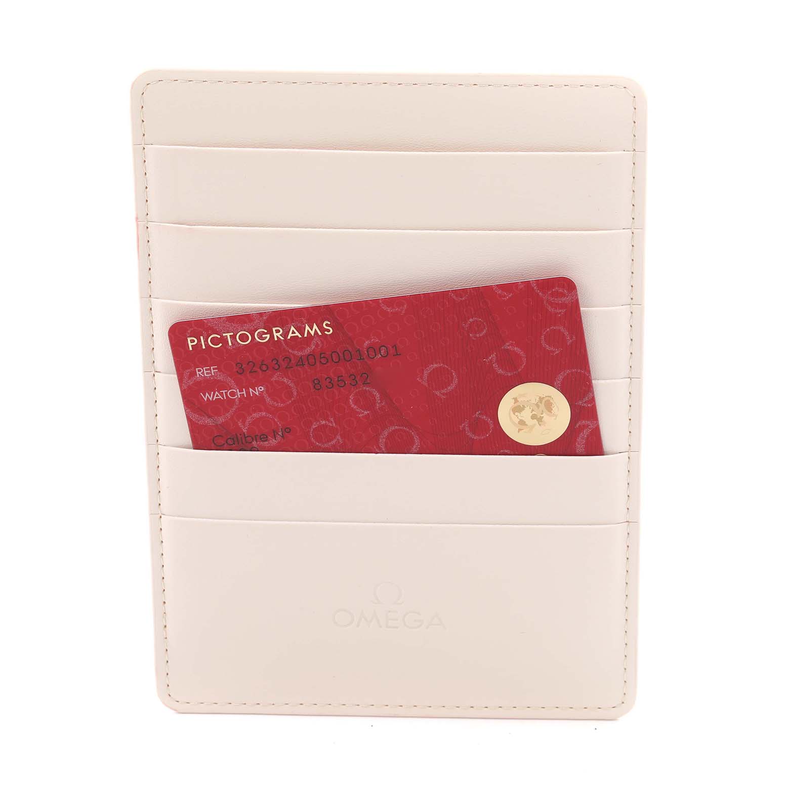 The image shows an Omega Speedmaster 326.32.40.50.01.001 Men's Stainless Steel Black Dial 326.32.40.50.01.001 Men's Stainless Steel Black Dial model cardholder with a red pictogram card partially visible.