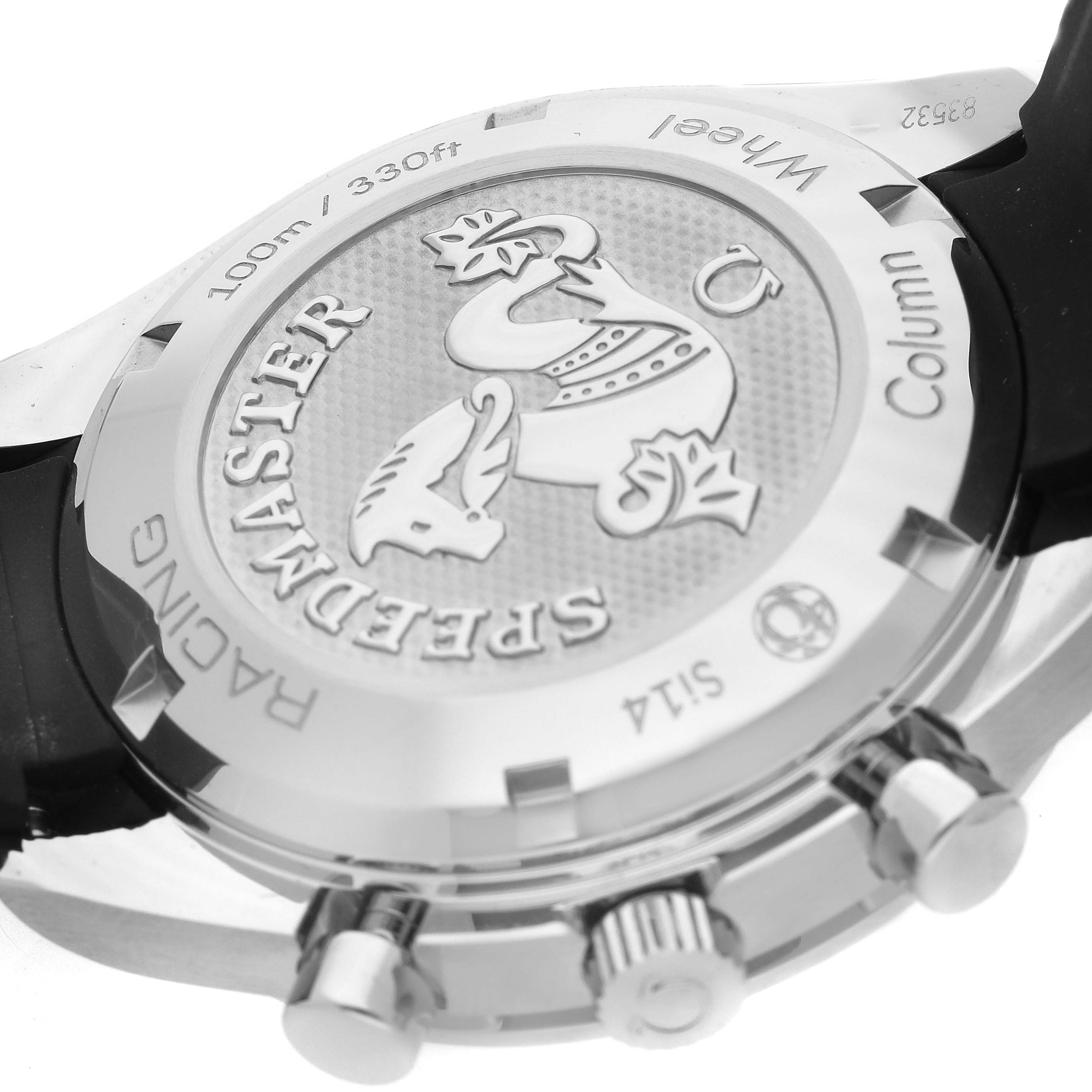 The image shows the case back and side view of an Omega Speedmaster 326.32.40.50.01.001 Men's Stainless Steel Black Dial 326.32.40.50.01.001 Men's Stainless Steel Black Dial, highlighting the engraving and pushers.