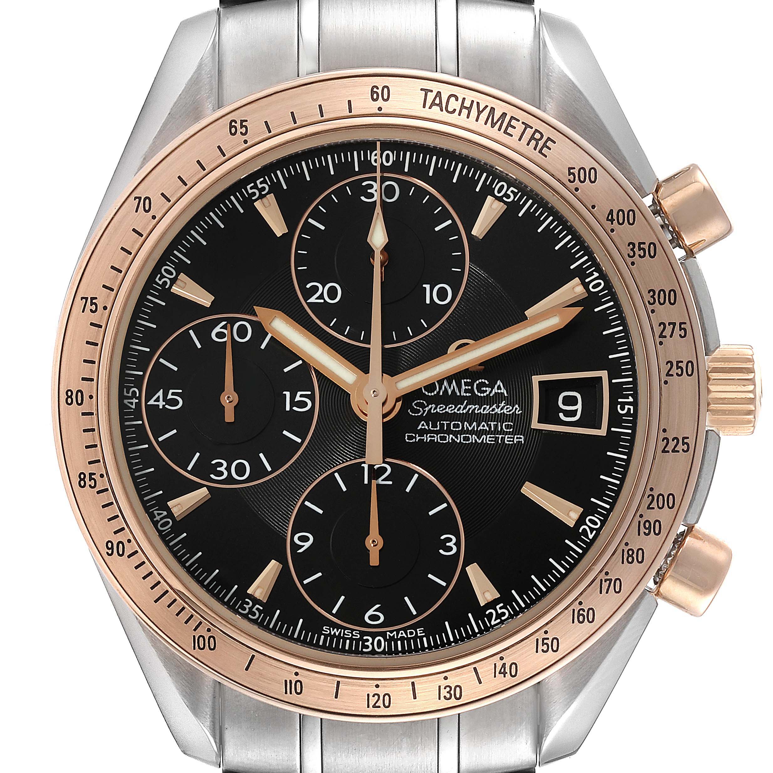 The Omega Speedmaster 323.21.40.40.01.001 Men's Steel and Gold (two tone) Black Dial 323.21.40.40.01.001 Men's Steel and Gold (two tone) Black Dial watch is shown from the front, highlighting the dial, tachymeter bezel, and chronograph sub-dials.