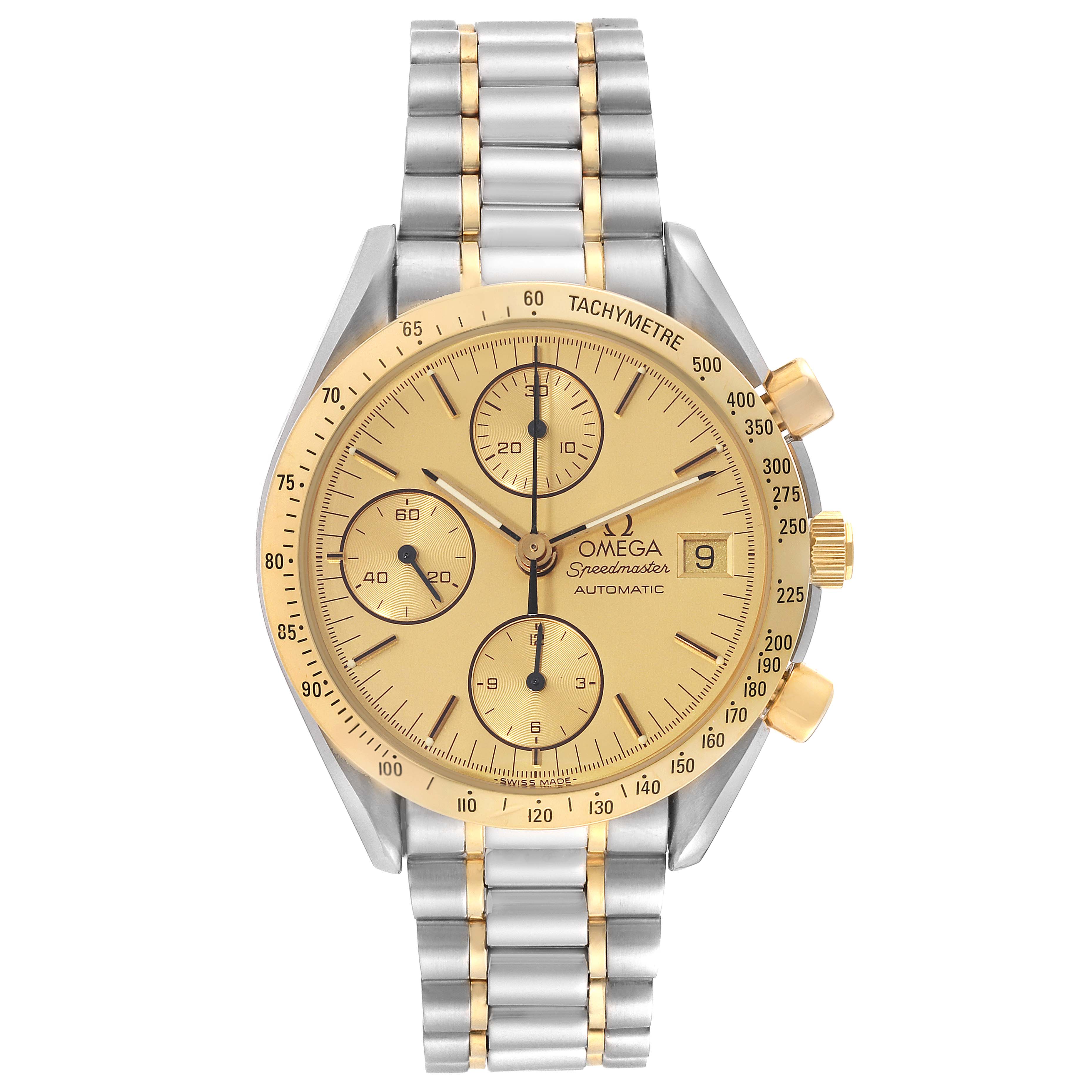 The Omega Speedmaster 3311.10.00 Men's Steel and Gold (two tone) Champagne Dial 3311.10.00 Men's Steel and Gold (two tone) Champagne Dial watch is shown from a front angle, displaying the dial, bezel, crown, and bracelet.