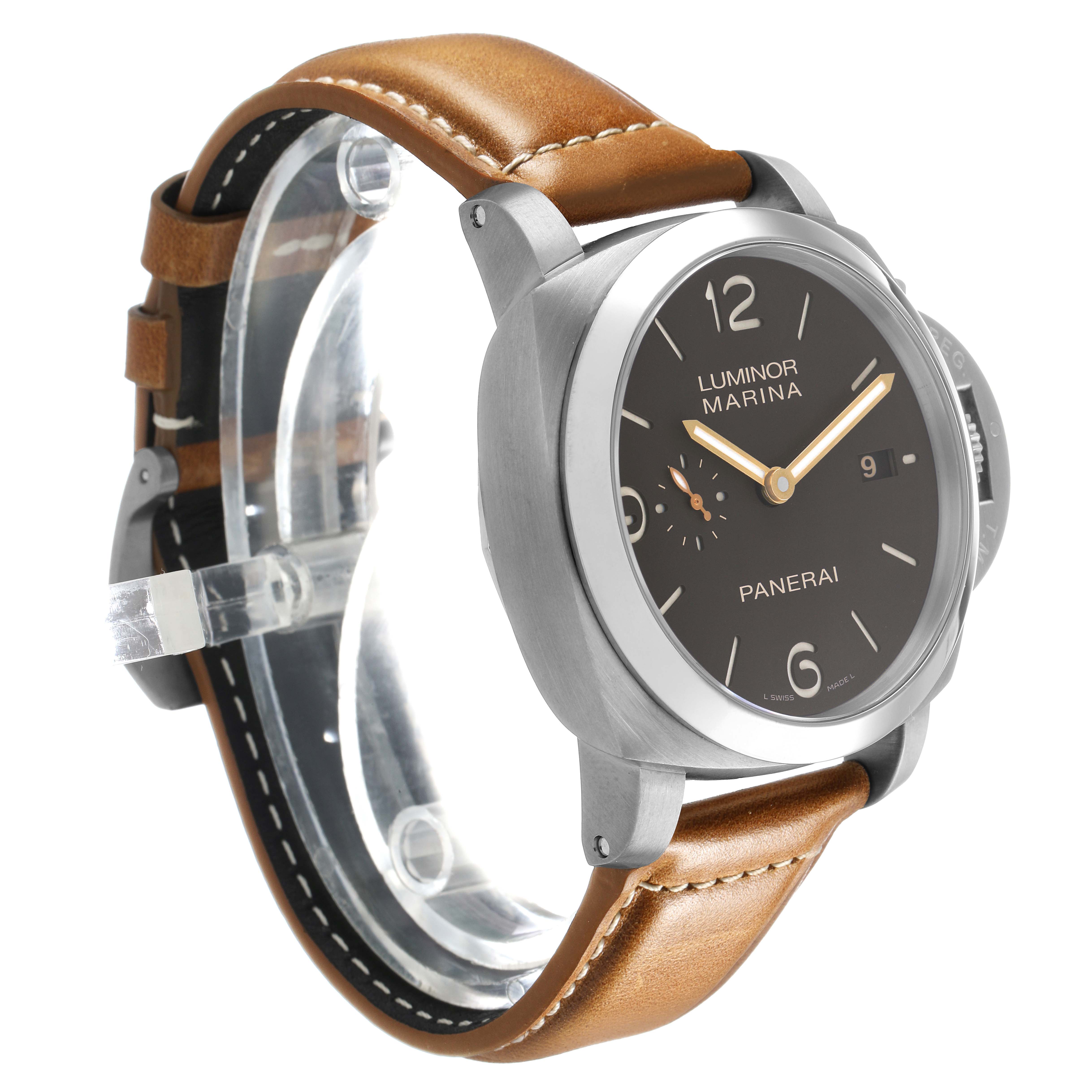 The Panerai Luminor PAM00351 Men's Titanium Brown Dial watch is shown at an angled side view, displaying the dial, case, crown guard, and brown leather strap.