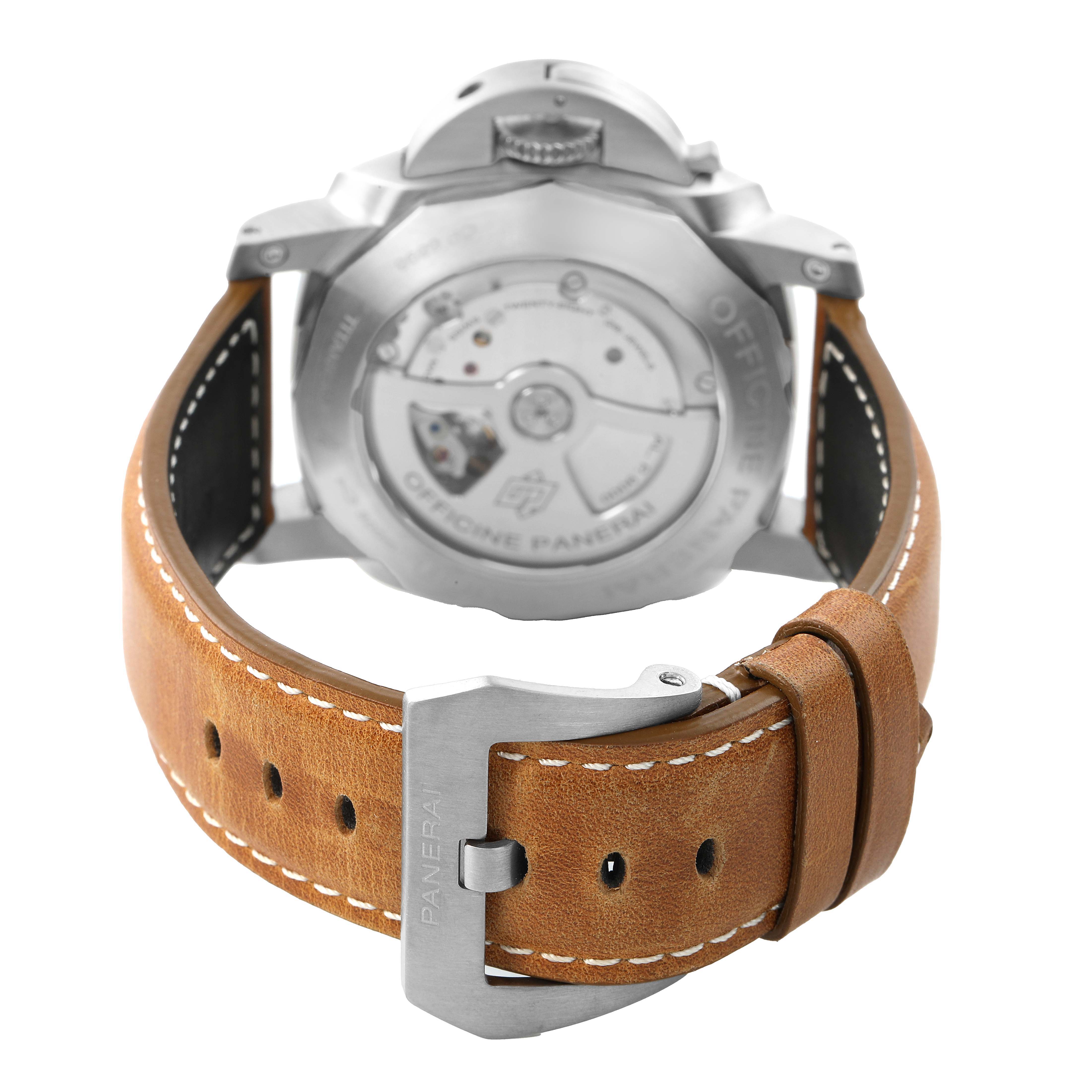 The image shows the back view of a Panerai Luminor PAM00351 Men's Titanium Brown Dial watch, highlighting the transparent case back and brown leather strap.