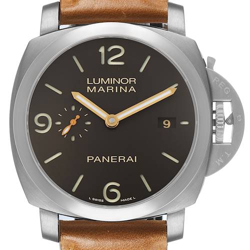 The Panerai Luminor PAM00351 Men's Titanium Brown Dial watch is shown from a front angle, highlighting its dial, crown guard, and brown leather strap.