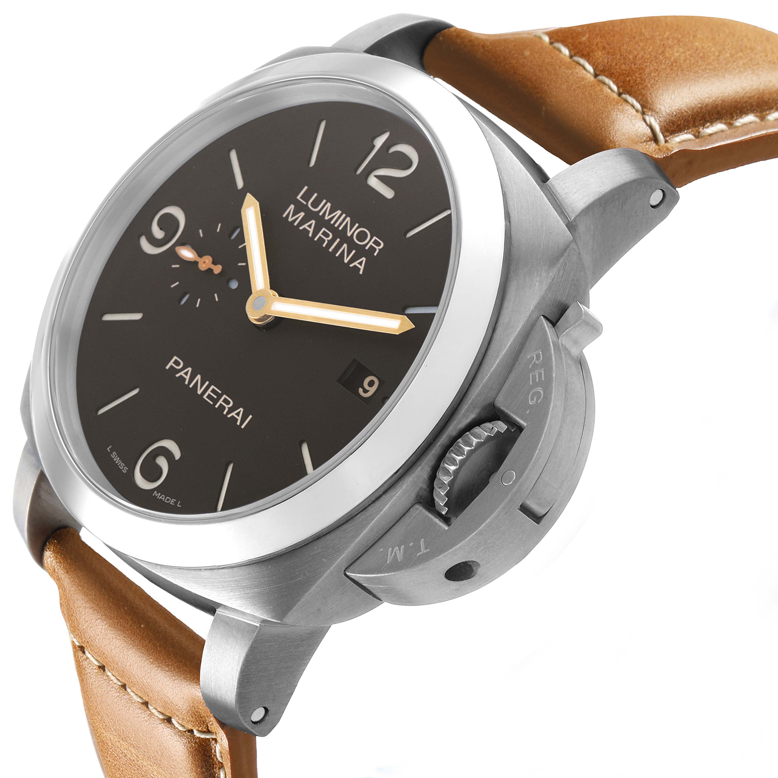 The image shows a Panerai Luminor PAM00351 Men's Titanium Brown Dial watch at an angled side view, highlighting the crown guard, brown strap, and black dial.