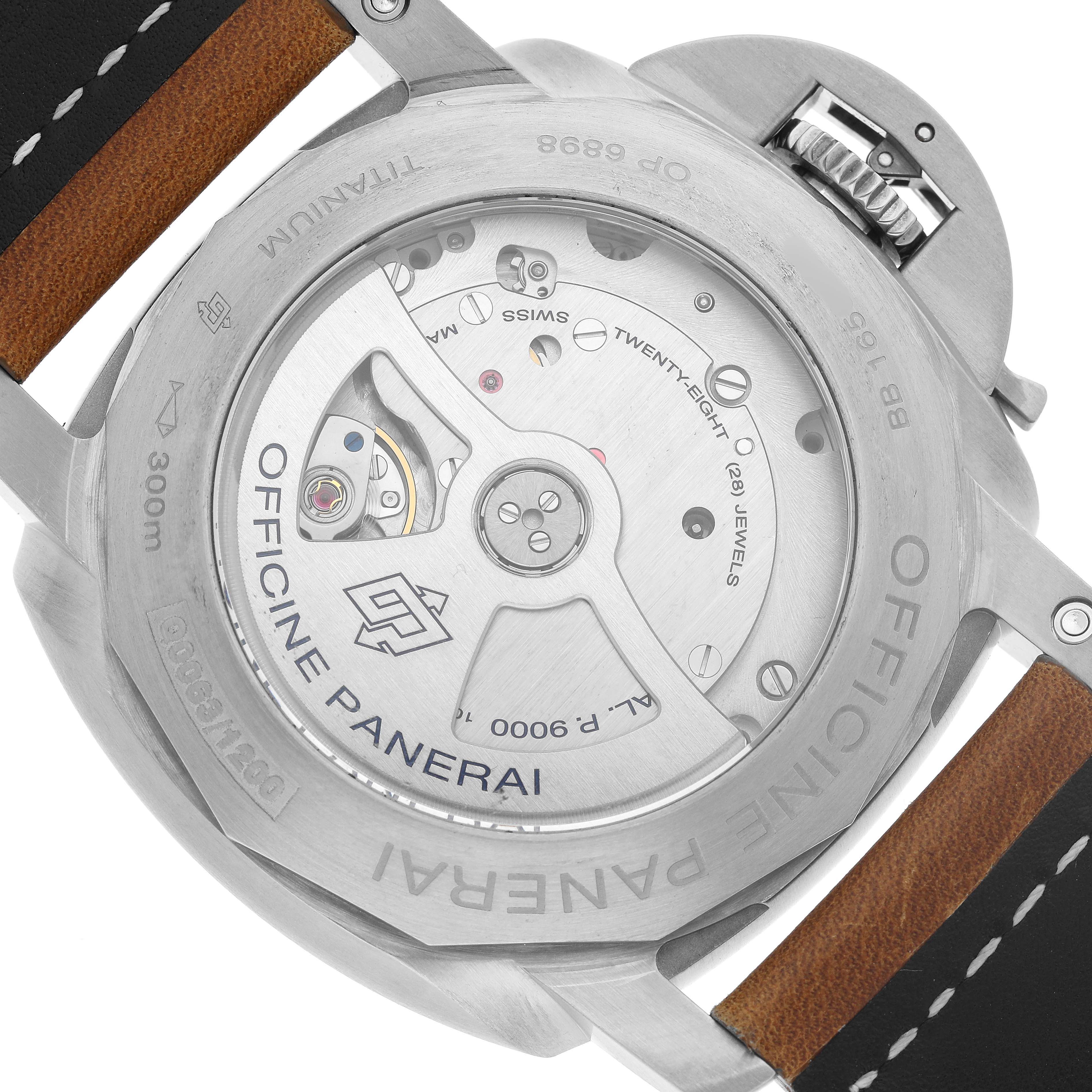 The image shows the back view of a Panerai Luminor PAM00351 Men's Titanium Brown Dial watch, highlighting the movement and case back design.