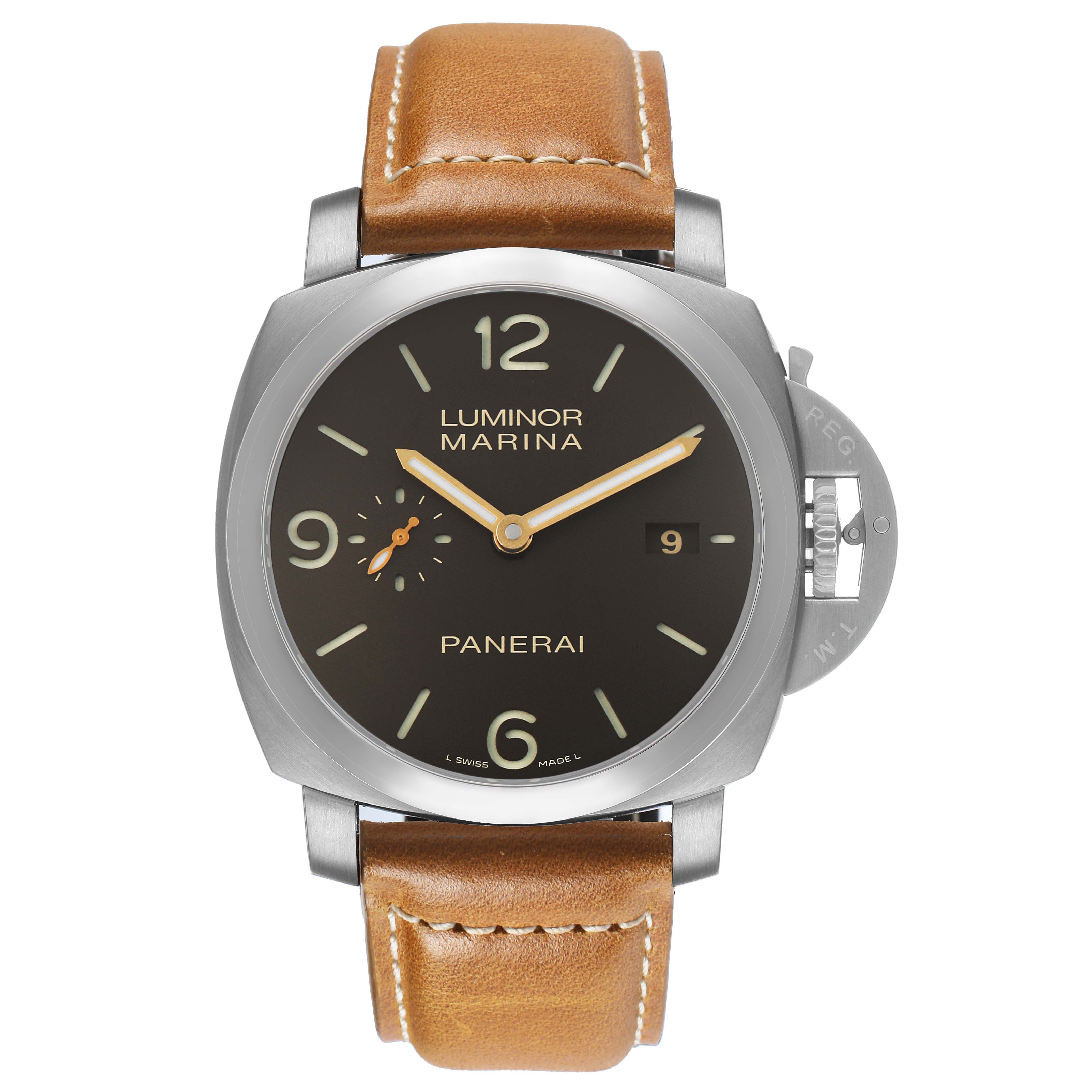 The Panerai Luminor PAM00351 Men's Titanium Brown Dial watch is shown from the front, highlighting the dial, case, crown guard, and leather strap.