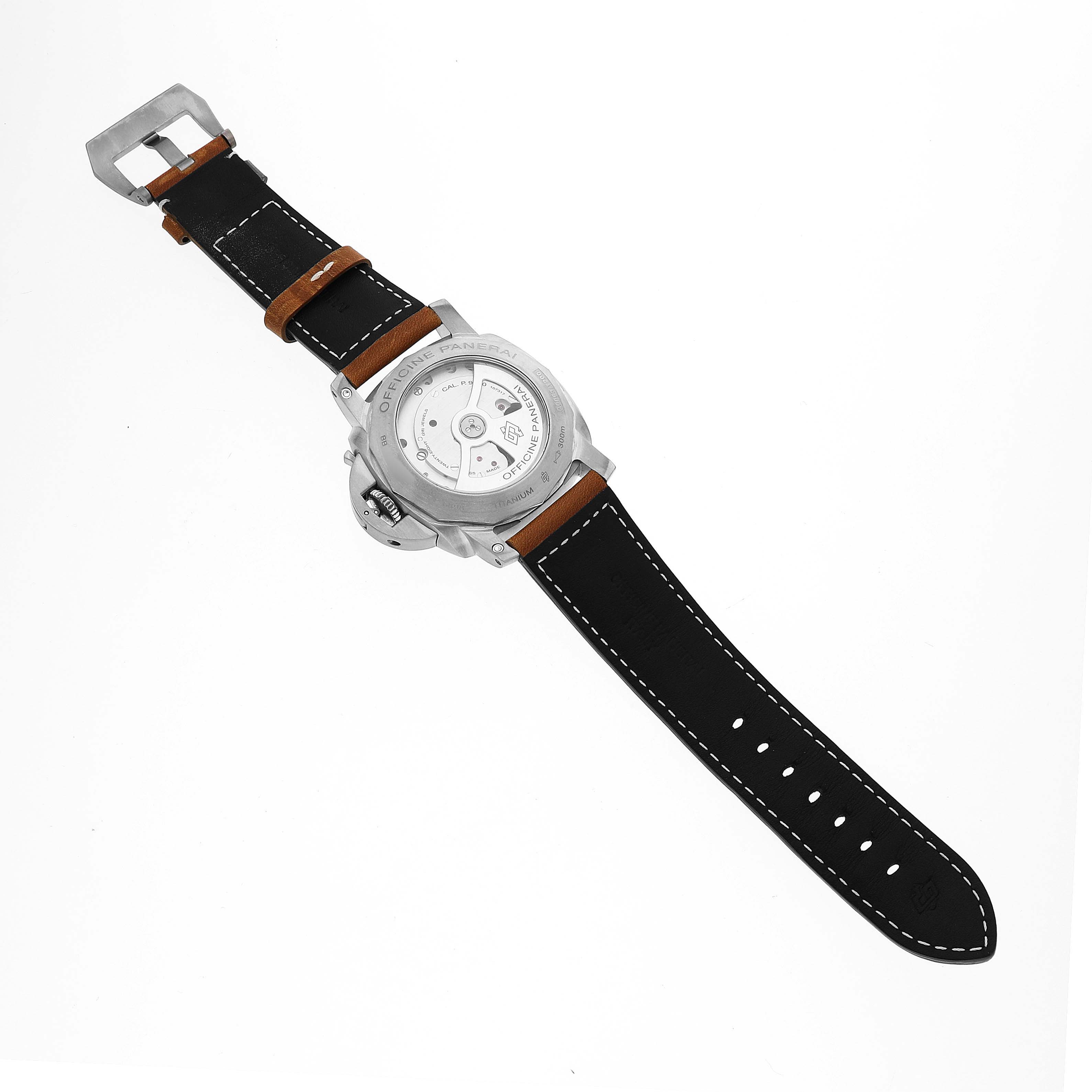 The image shows the back view of a Panerai Luminor PAM00351 Men's Titanium Brown Dial watch, highlighting its case back and leather strap.