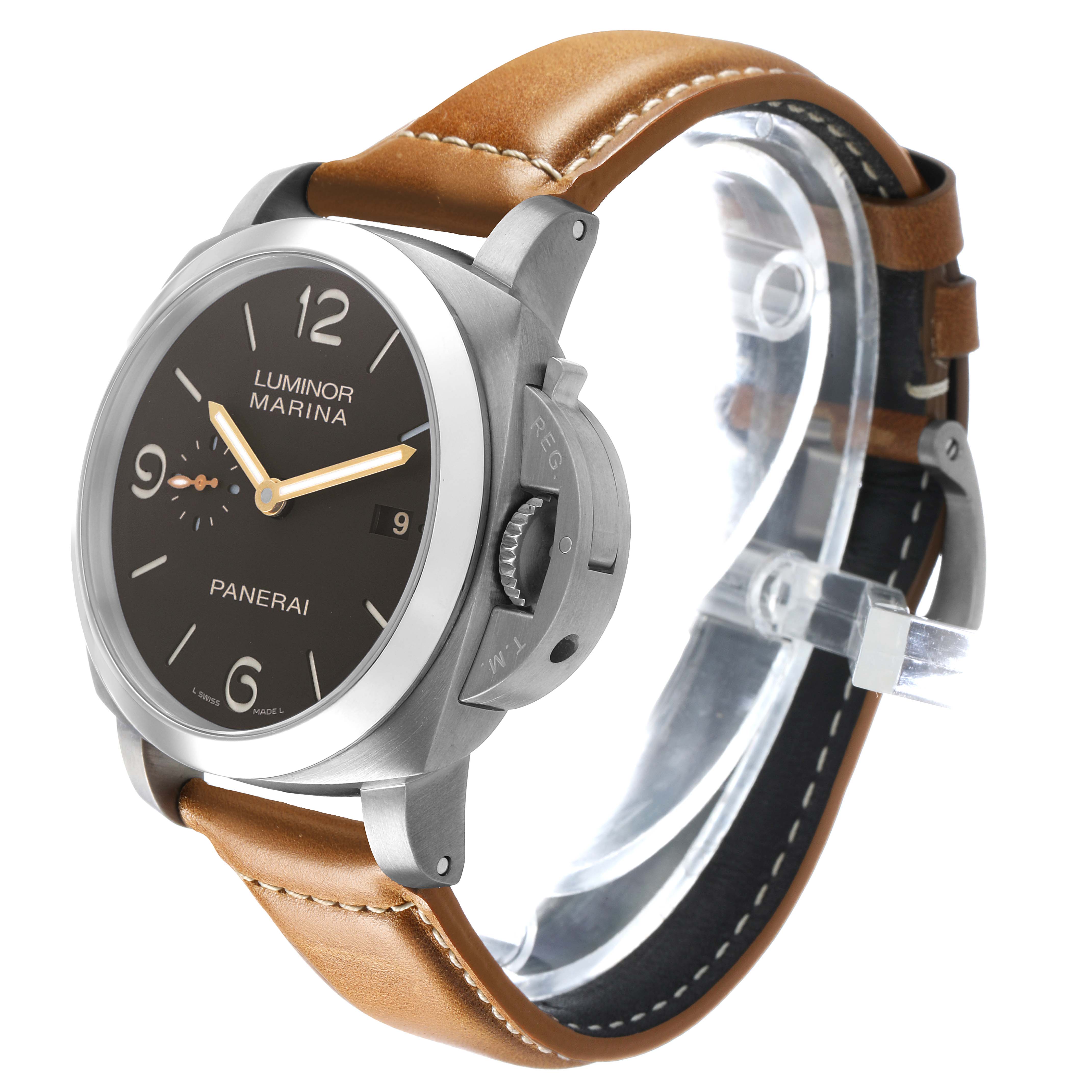The Panerai Luminor PAM00351 Men's Titanium Brown Dial watch is shown at a slight angle, highlighting the face, crown guard, and brown leather strap.