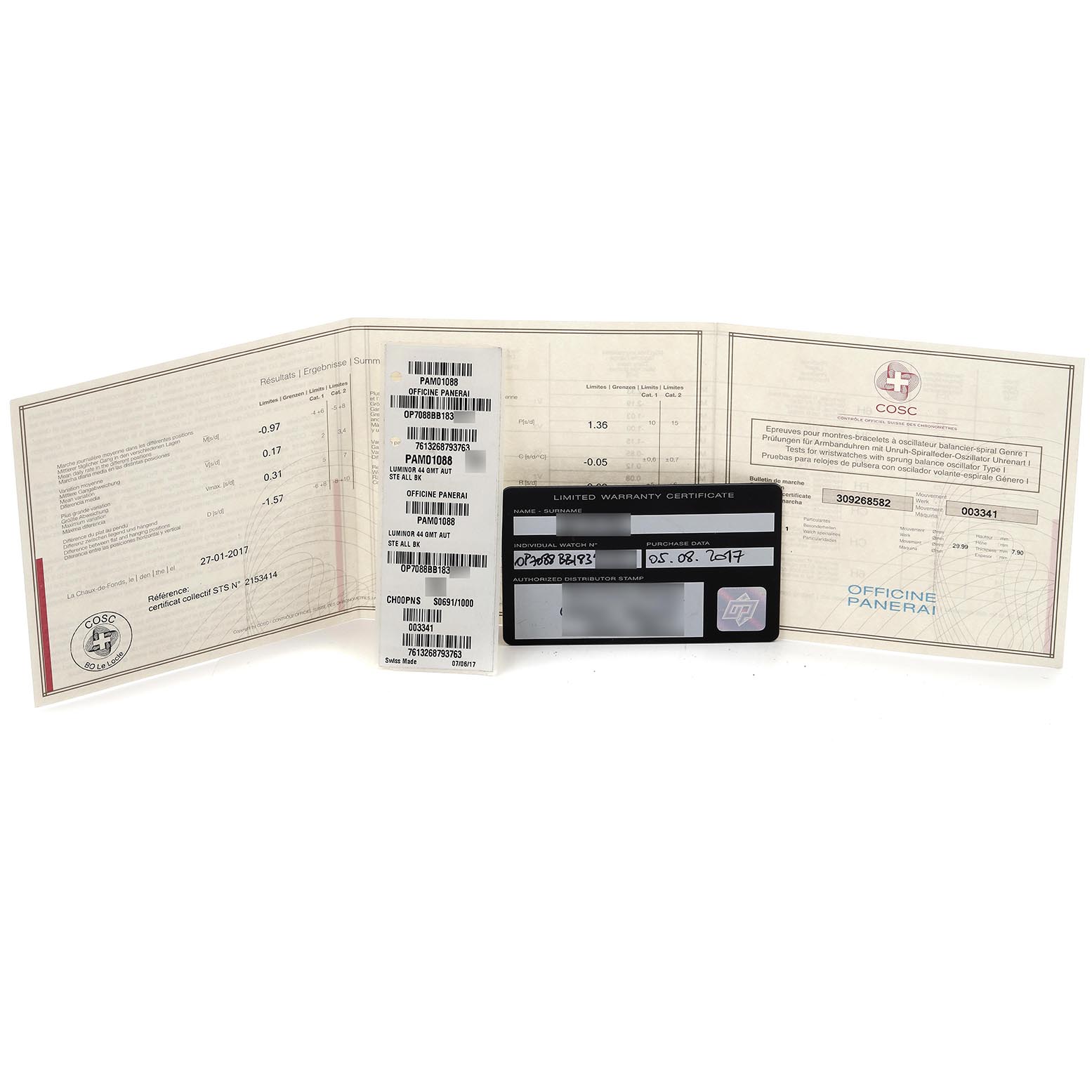 The image shows the paperwork and warranty cards for a Panerai Luminor PAM01088 Men's Stainless Steel Black Dial PAM01088 Men's Stainless Steel Black Dial watch, presented frontally.