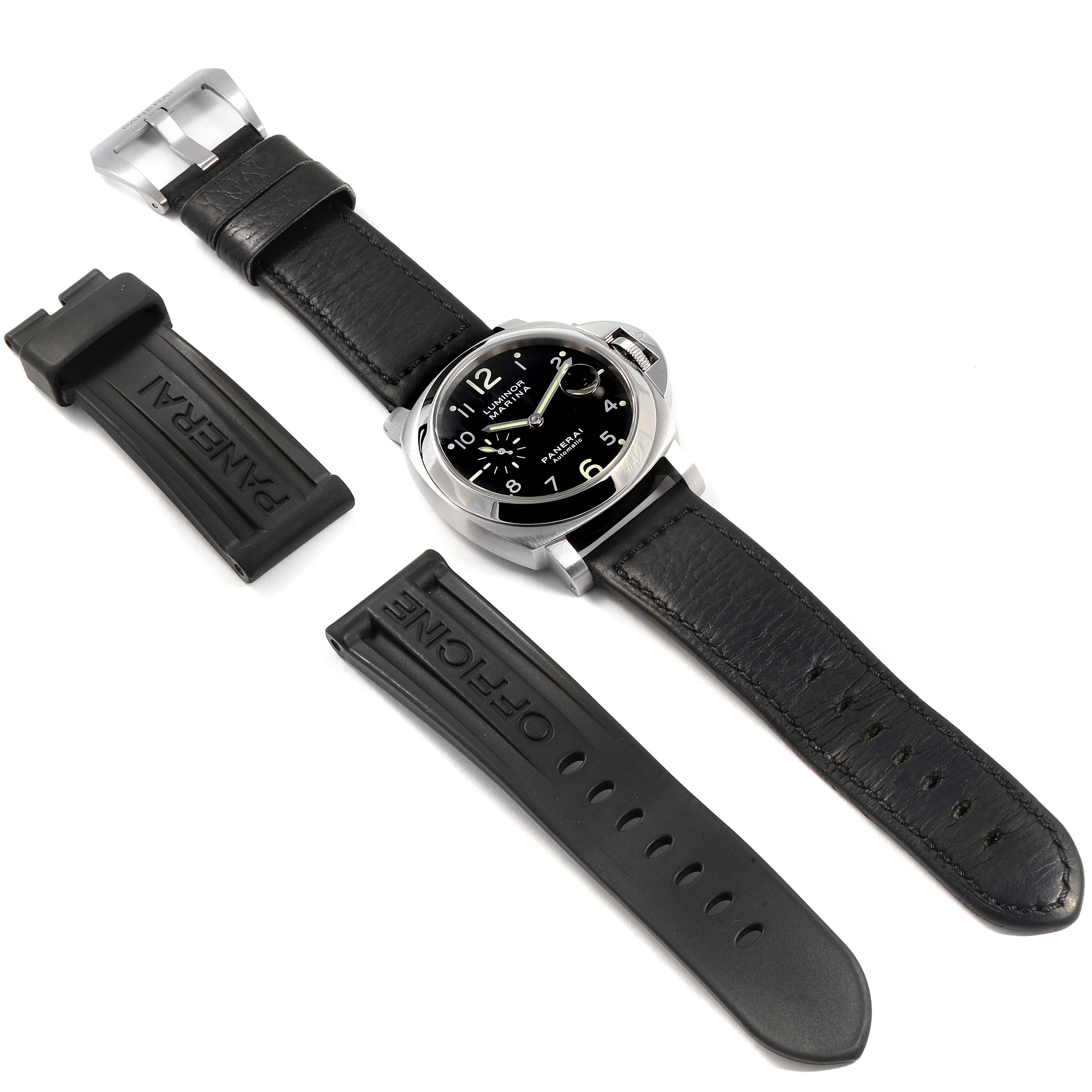 The image shows a Panerai Luminor PAM00164 Men
s Stainless Steel Black Dial PAM00164 Men
s Stainless Steel Black Dial watch with a black leather strap, and two additional black rubber straps.