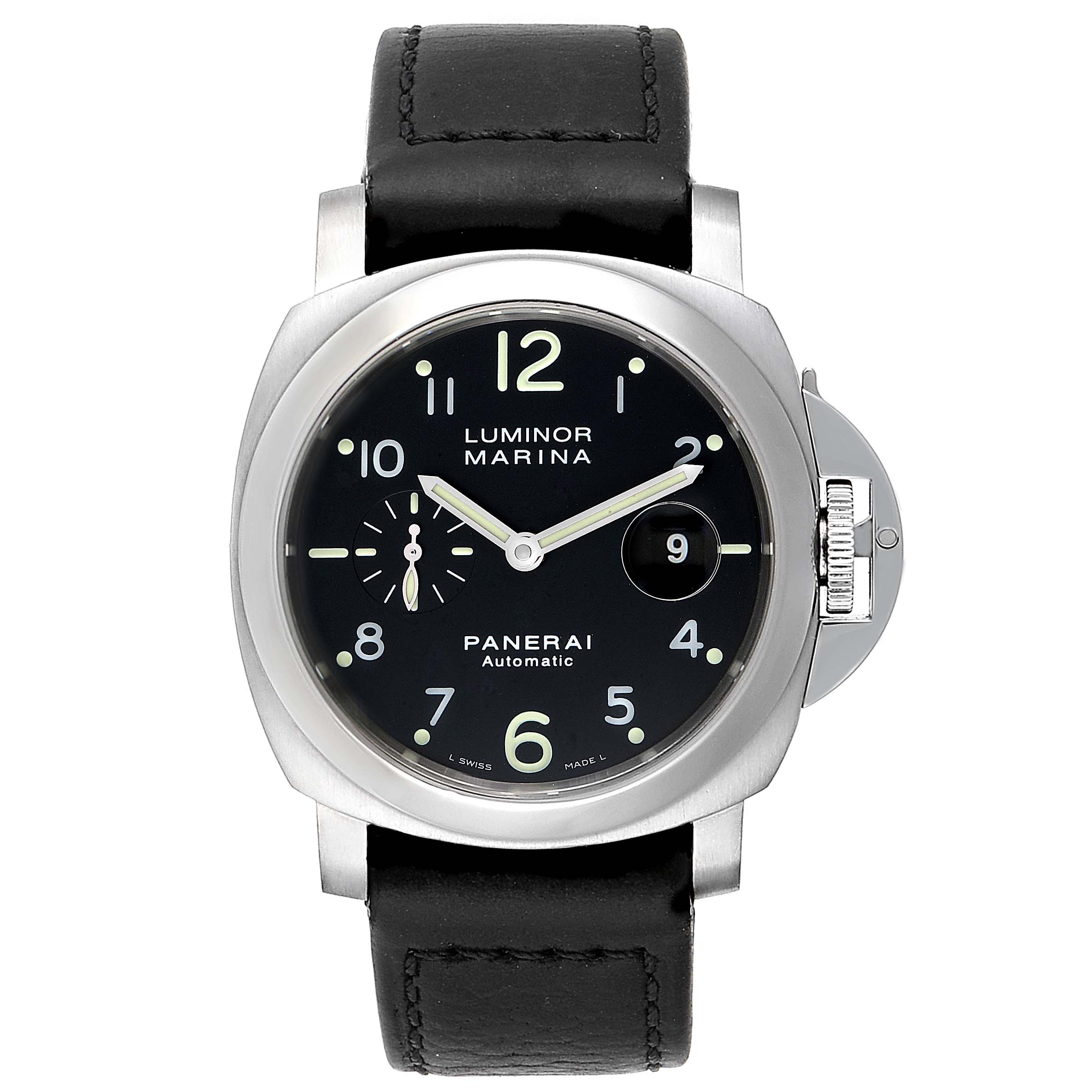 The image shows a Panerai Luminor PAM00164 Men
s Stainless Steel Black Dial PAM00164 Men
s Stainless Steel Black Dial Marina watch front-on, displaying its face, strap, and crown guard.