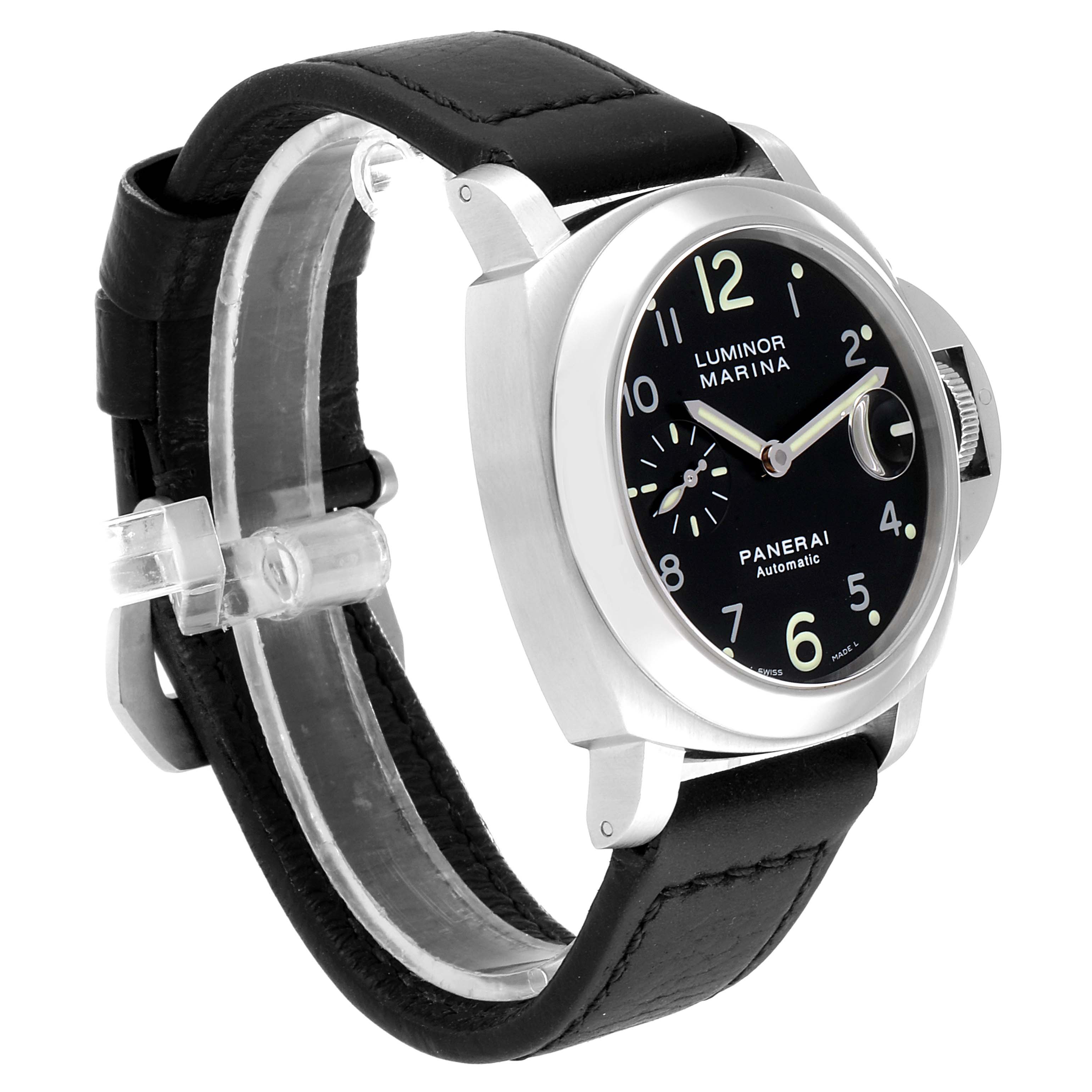 The image shows a Panerai Luminor PAM00164 Men
s Stainless Steel Black Dial PAM00164 Men
s Stainless Steel Black Dial Marina watch from a slightly tilted front angle, highlighting the face, crown, and strap.