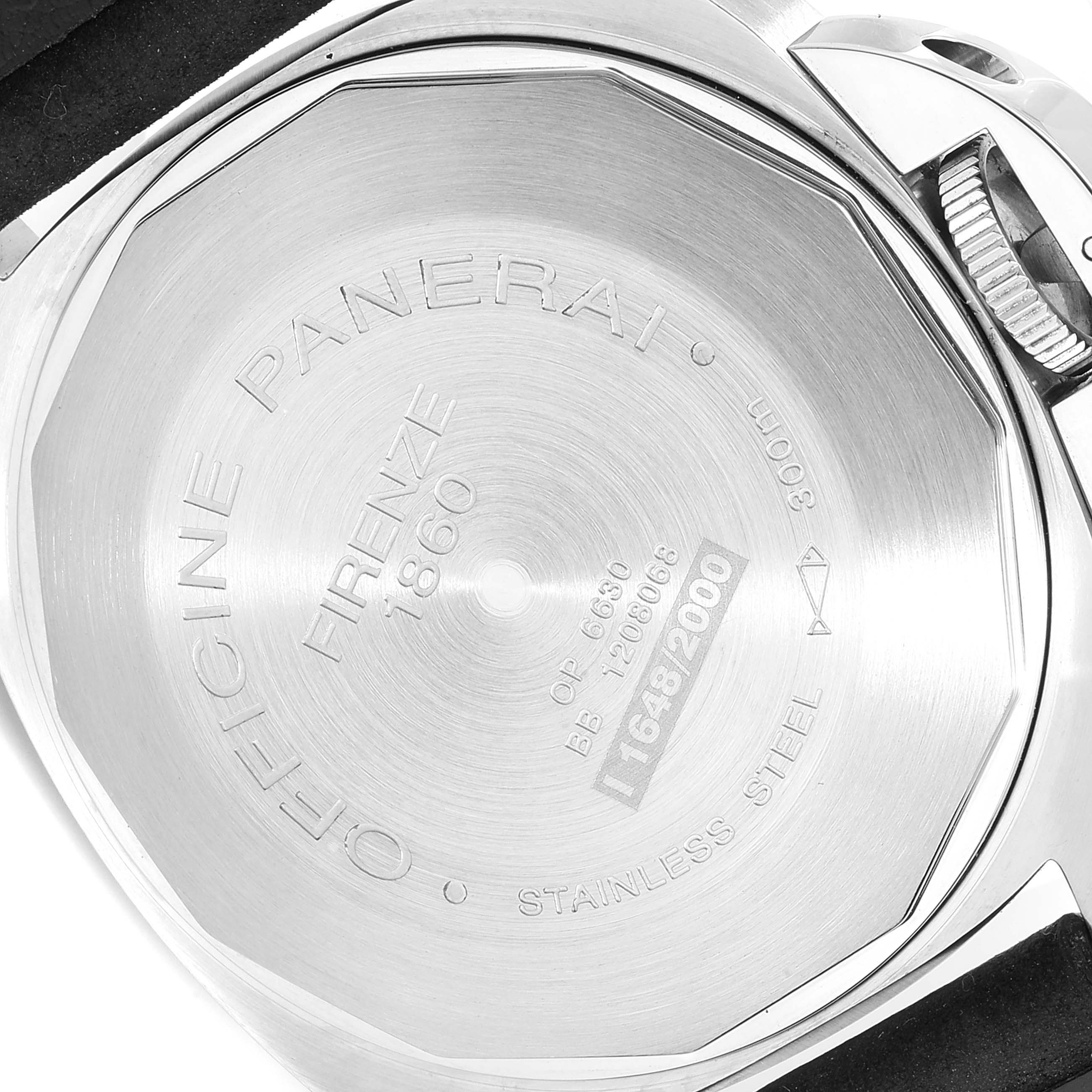 The image shows the back case of the Panerai Luminor PAM00164 Men
s Stainless Steel Black Dial PAM00164 Men
s Stainless Steel Black Dial watch, showcasing its engravings and stainless steel finish.