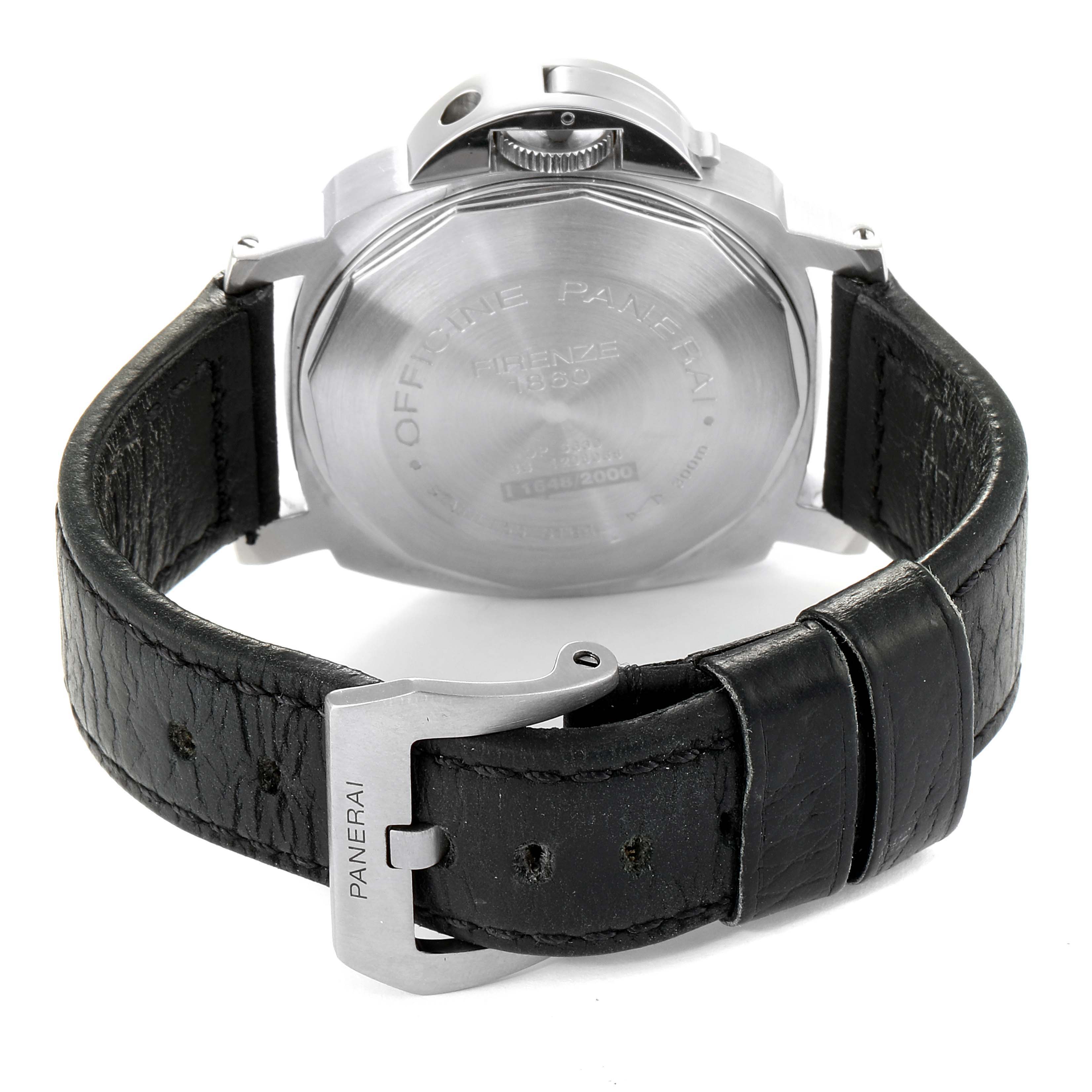 The image shows the back case and black leather strap of a Panerai Luminor PAM00164 Men
s Stainless Steel Black Dial PAM00164 Men
s Stainless Steel Black Dial watch.