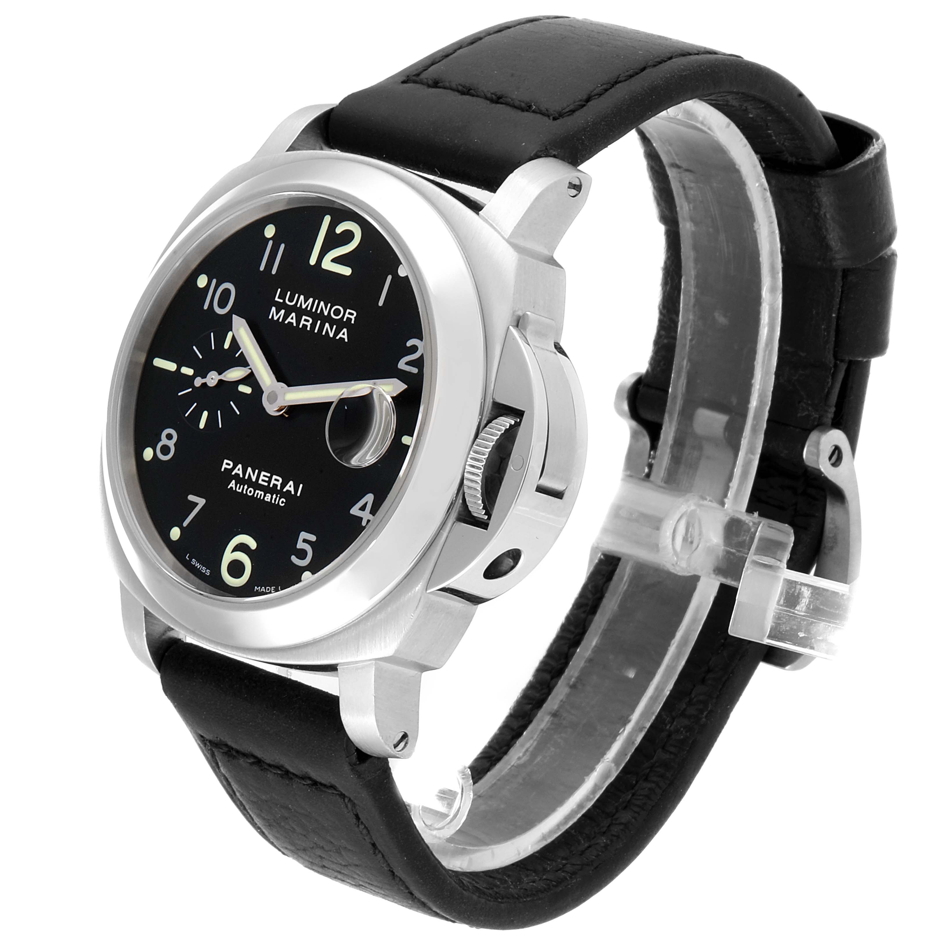 The image shows a Panerai Luminor PAM00164 Men
s Stainless Steel Black Dial PAM00164 Men
s Stainless Steel Black Dial Marina watch at a three-quarter view, highlighting the dial, crown guard, and strap.