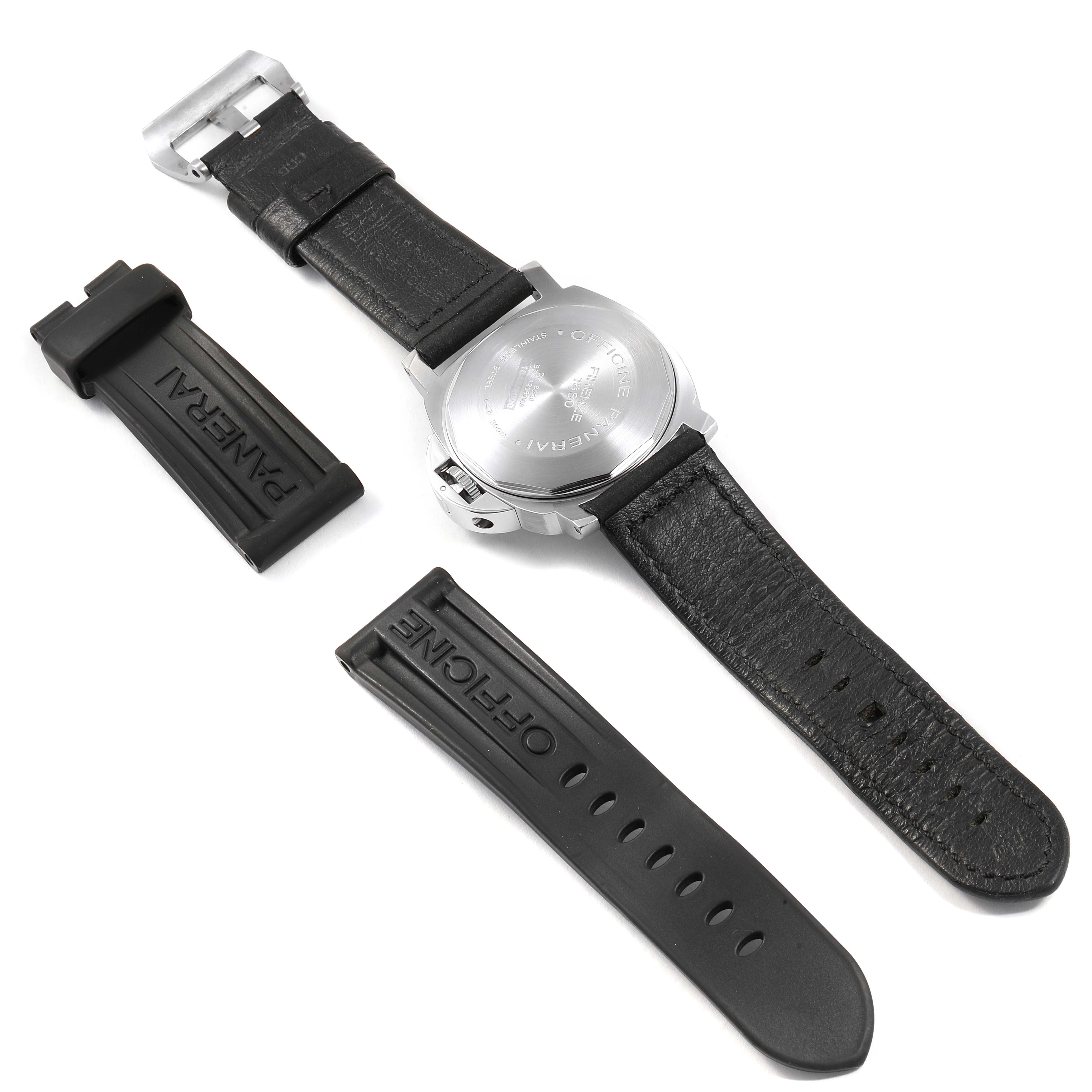 The image shows the back of the Panerai Luminor PAM00164 Men
s Stainless Steel Black Dial PAM00164 Men
s Stainless Steel Black Dial watch and two alternative straps.