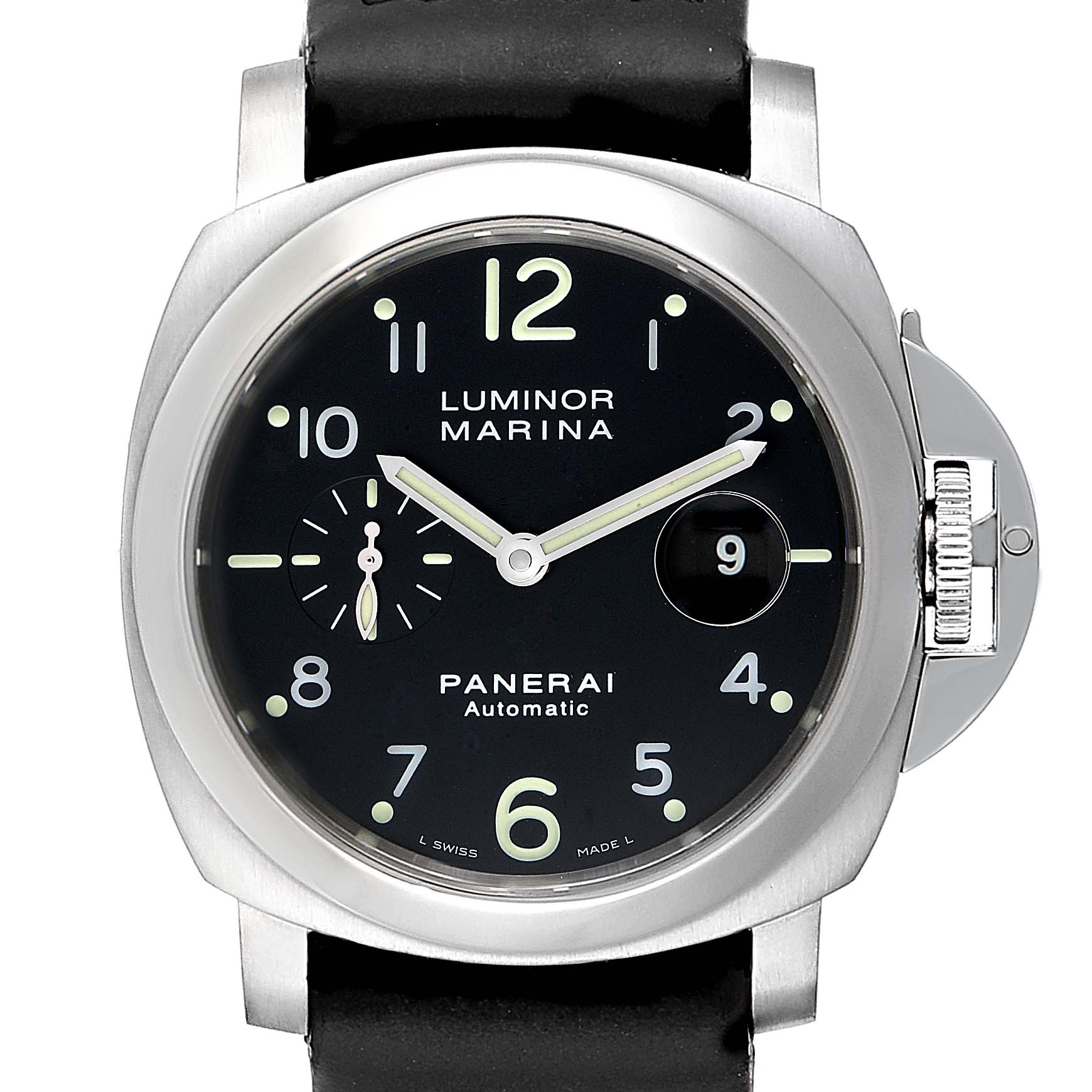 The Panerai Luminor PAM00164 Men
s Stainless Steel Black Dial PAM00164 Men
s Stainless Steel Black Dial watch is shown at a front angle, displaying the watch face, dial, crown guard, and strap.